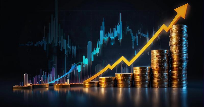 Gold coin stacks of increasing height under an orange upward arrow, with a blue candlestick chart on a dark background