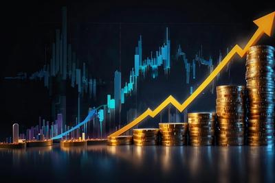 Gold coin stacks of increasing height under an orange upward arrow, with a blue candlestick chart on a dark background
