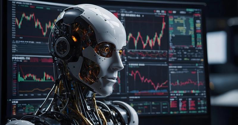 AI robot analyzing stock market charts on trading monitors
