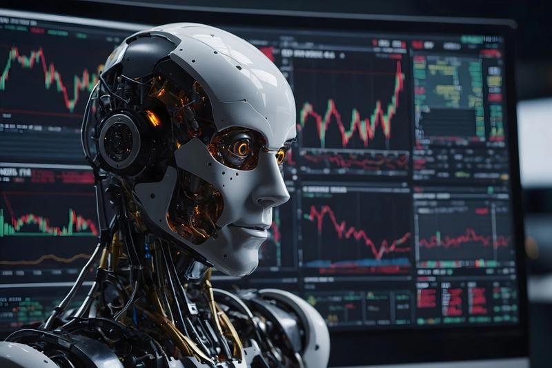AI robot analyzing stock market charts on trading monitors