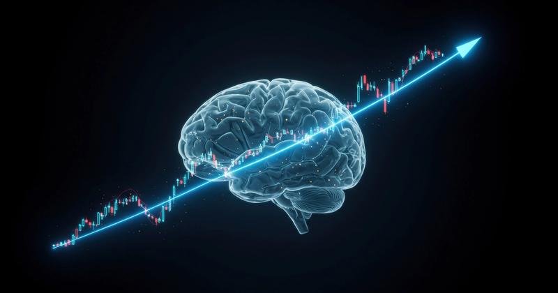 Digital brain with upward arrow over trading interface, representing natural language AI trading automation