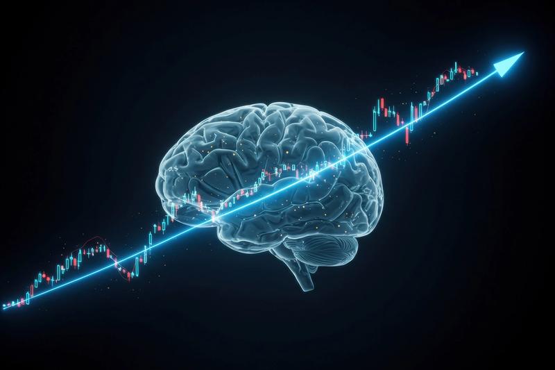 Digital brain with upward arrow over trading interface, representing natural language AI trading automation