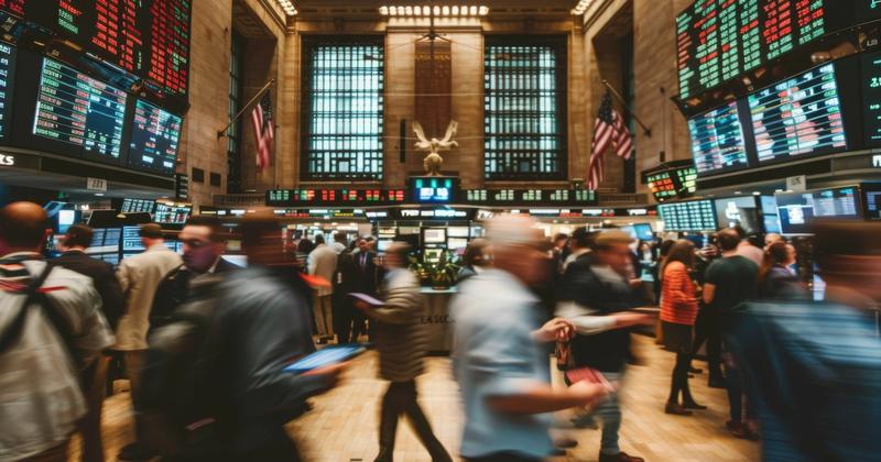 Crowded stock exchange floor with motion-blurred traders under walls of red and green quote screens and American flags
