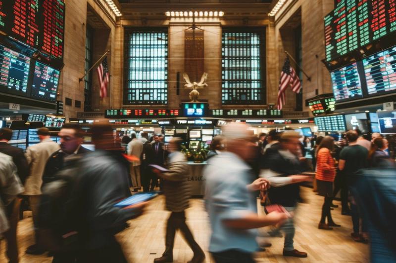 Crowded stock exchange floor with motion-blurred traders under walls of red and green quote screens and American flags