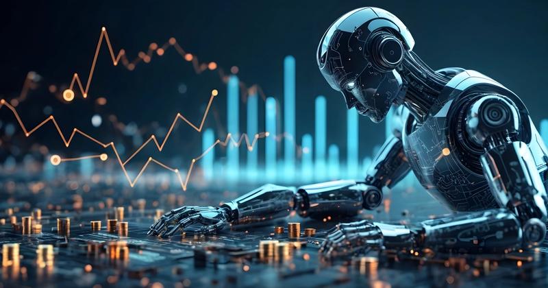 Robot analyzing trading charts, representing AI trading robots and automated agents