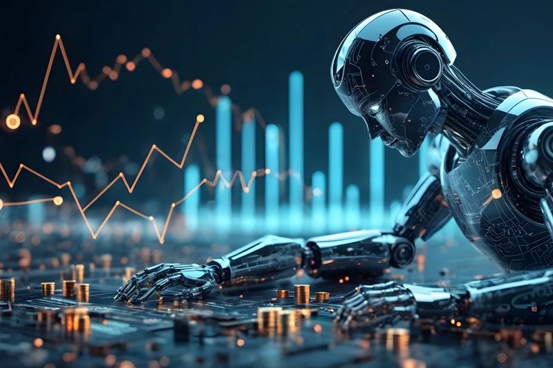 Robot analyzing trading charts, representing AI trading robots and automated agents