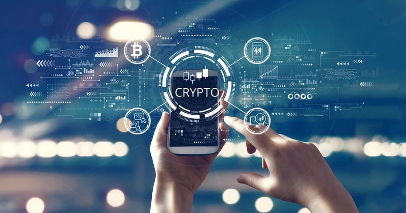 hands holding phone with a crypto animation