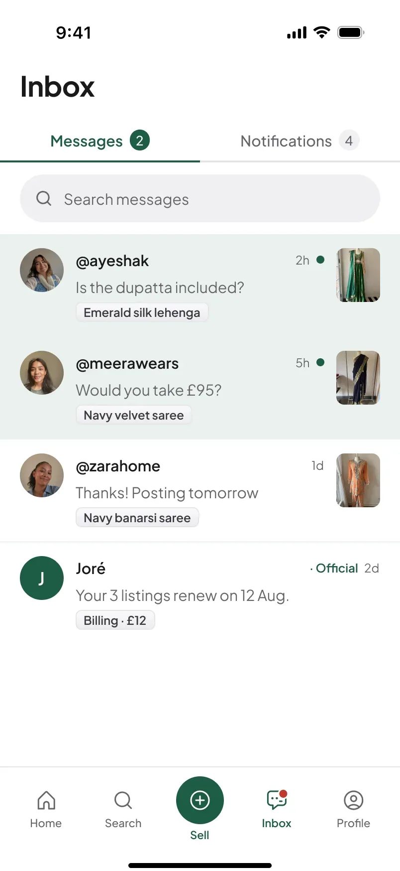 Joré inbox with conversations about a lehenga, a saree and a sharara