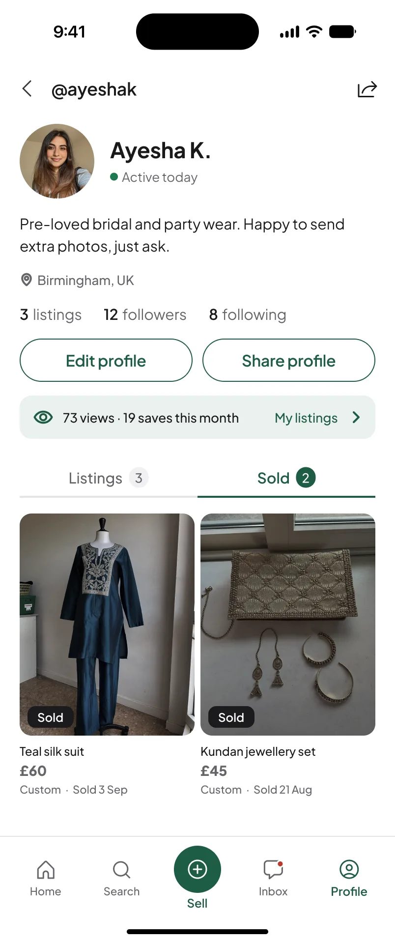 Joré profile Sold tab showing a teal silk suit and a kundan jewellery set marked sold