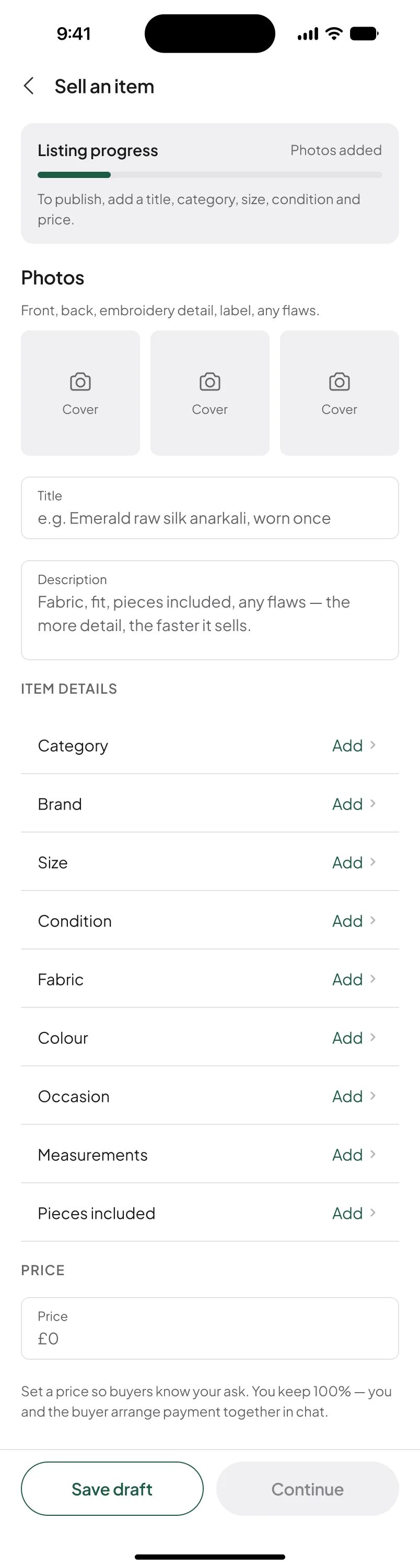 Joré sell form with photos, item details and price