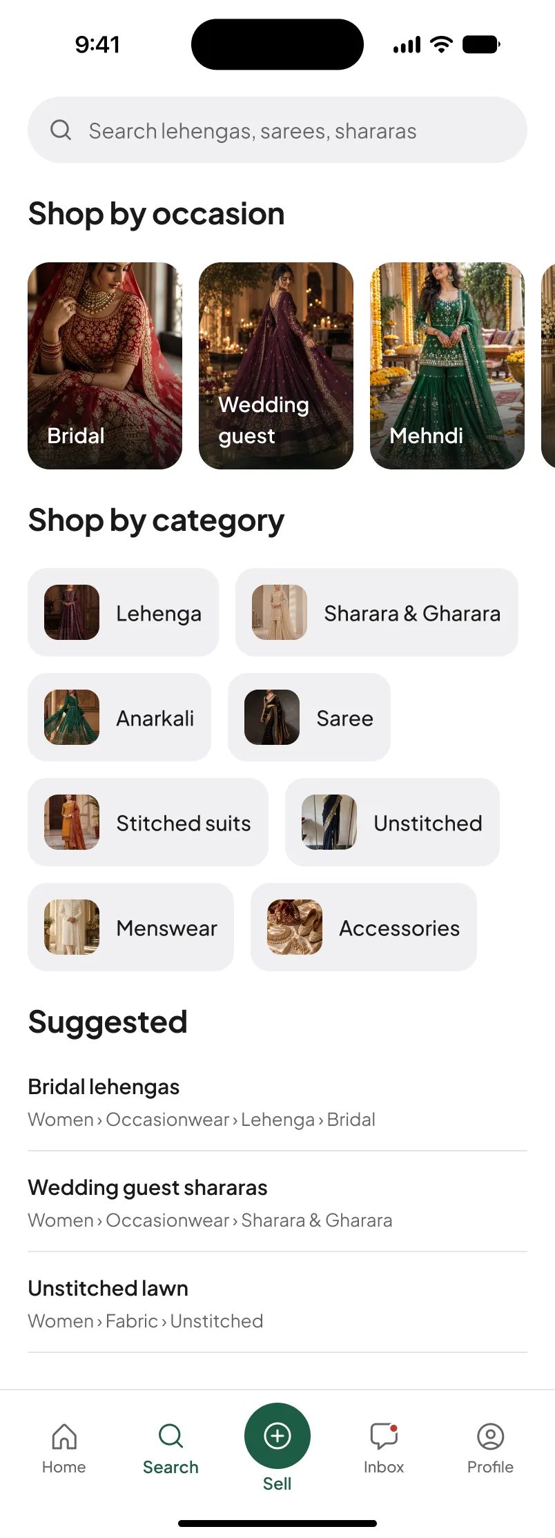 Joré search page with Bridal, Wedding guest and Mehndi occasions and clothing categories
