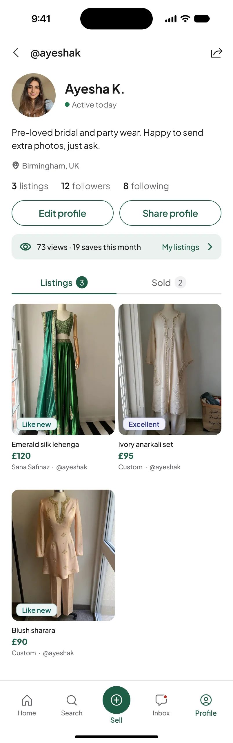 A public Joré profile showing bio, followers and Listings and Sold tabs