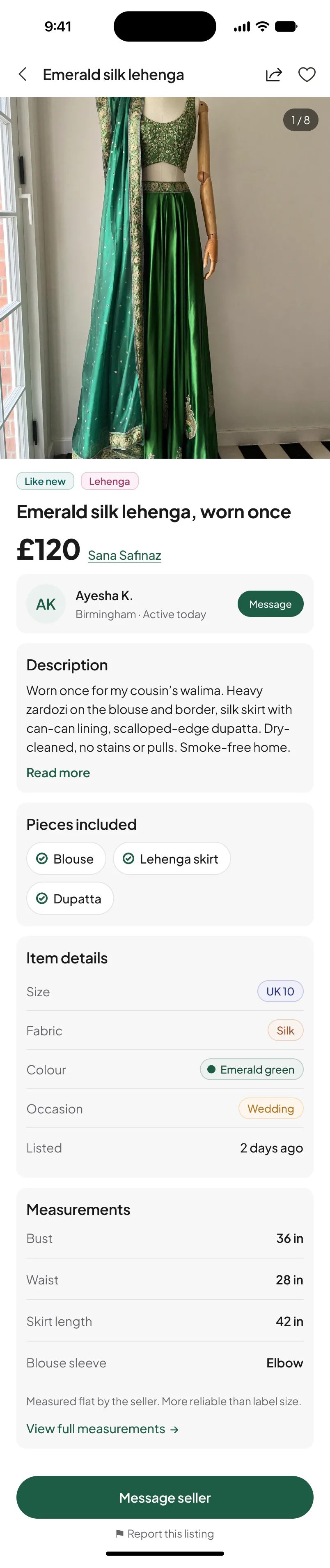 A live Joré listing for an emerald silk lehenga