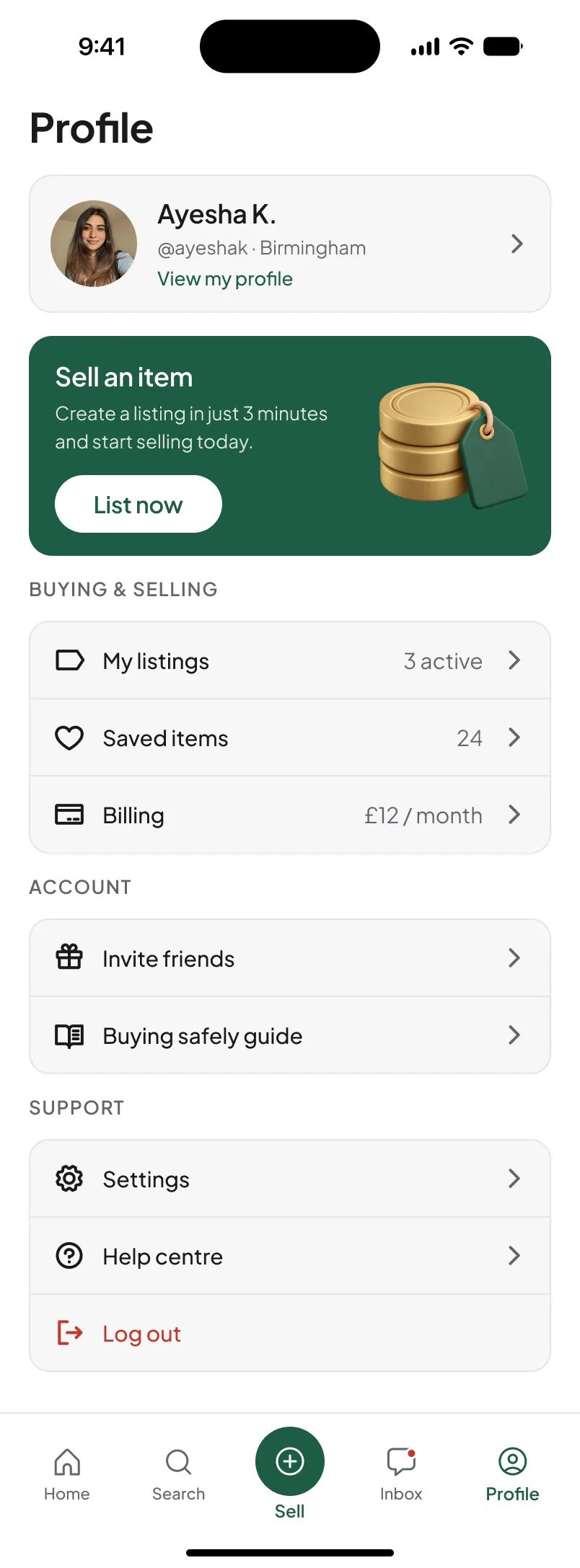 Joré Profile hub with Sell an item, My listings, Saved items and Billing