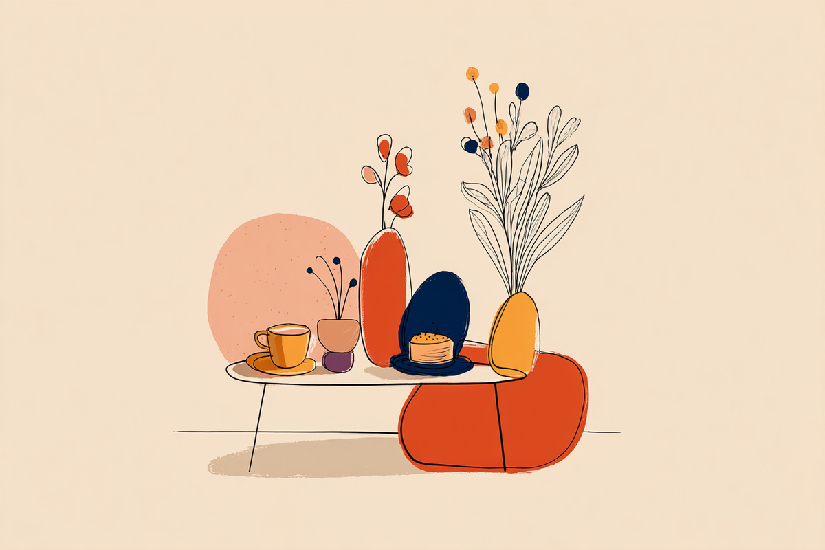 a table with a coffee cup, some flowers in vases and a small cake