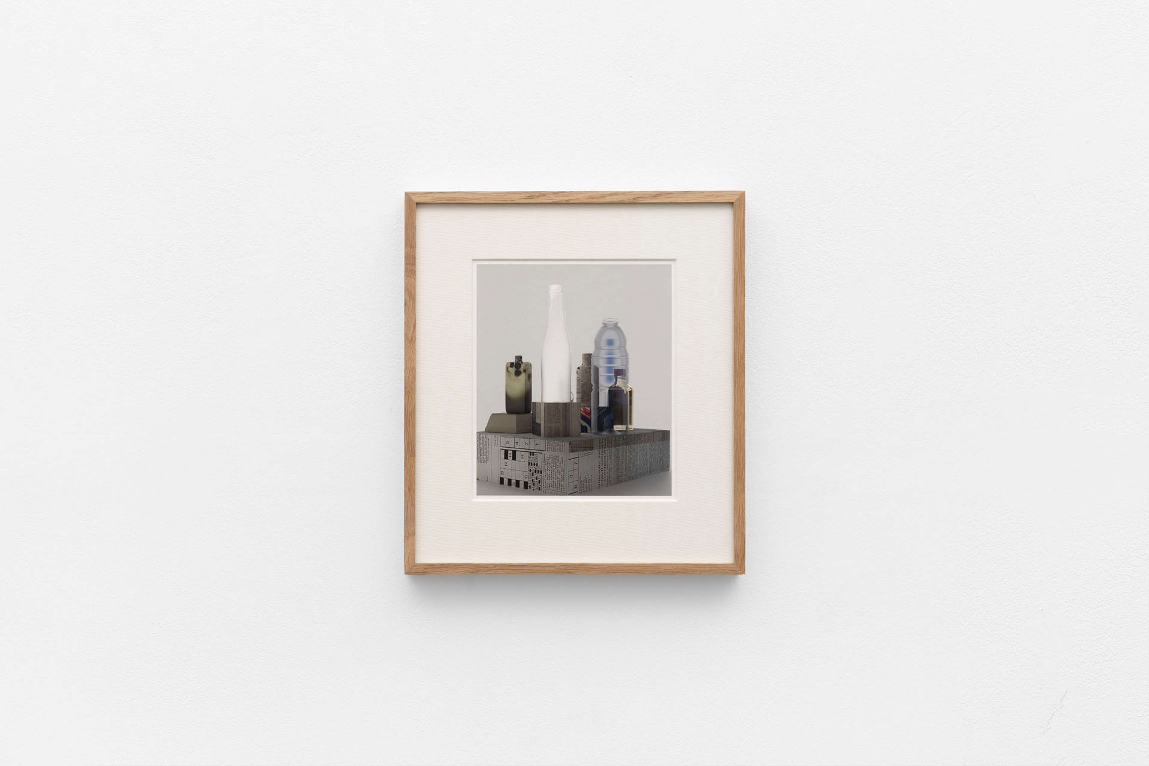 Sofia Defino Leiby, Still Life with Bottles IV, 2024, archival pigment print on Hahnemühle Hemp paper, artist’s frame, 33 × 30 cm (framed), 20 × 17 cm (image). Photo: Joanna Wilk. Courtesy the artist and Sweetwater, Berlin