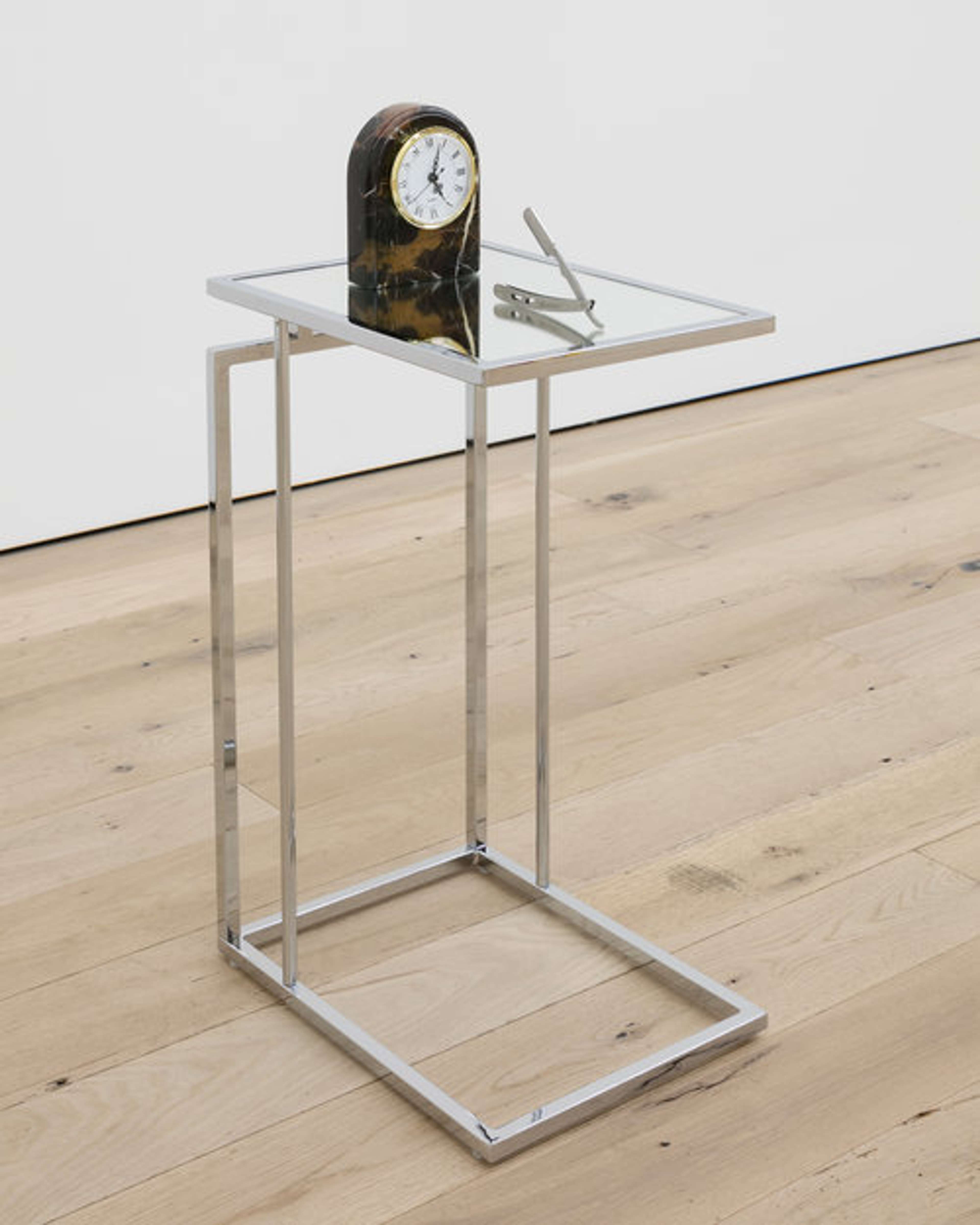 Kayode Ojo: A Straight Razor in the First Act (Chrome Brown Marble), 2018, Polaris Clock Black & Gold Marble, Classic Samurai CS-102 Stainless Steel Professional Barber Straight Edge Razor, Colbi Glass-Topped C-Table – Holly & Martin, 32 by 12 by 16 inches; at Martos.