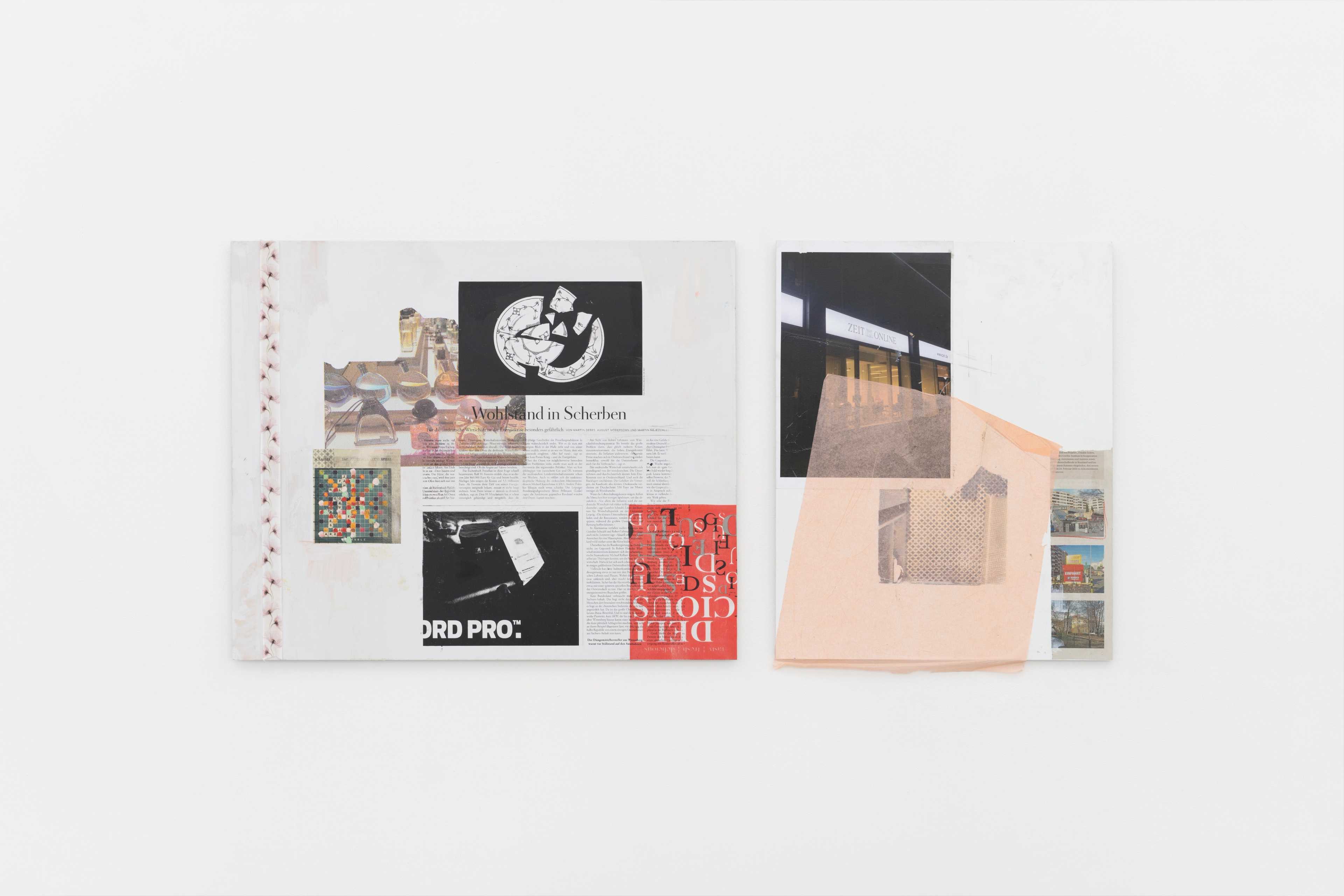 Wohlstand in Scherben / How Do You Control Time?, 2023. Collage, pencil, and silkscreen ink on Alu-Dibond, 19 3/4 x 23 5/8 in / 19 3/4 x 15 3/4, 50 x 60 cm / 50 x 40 cm