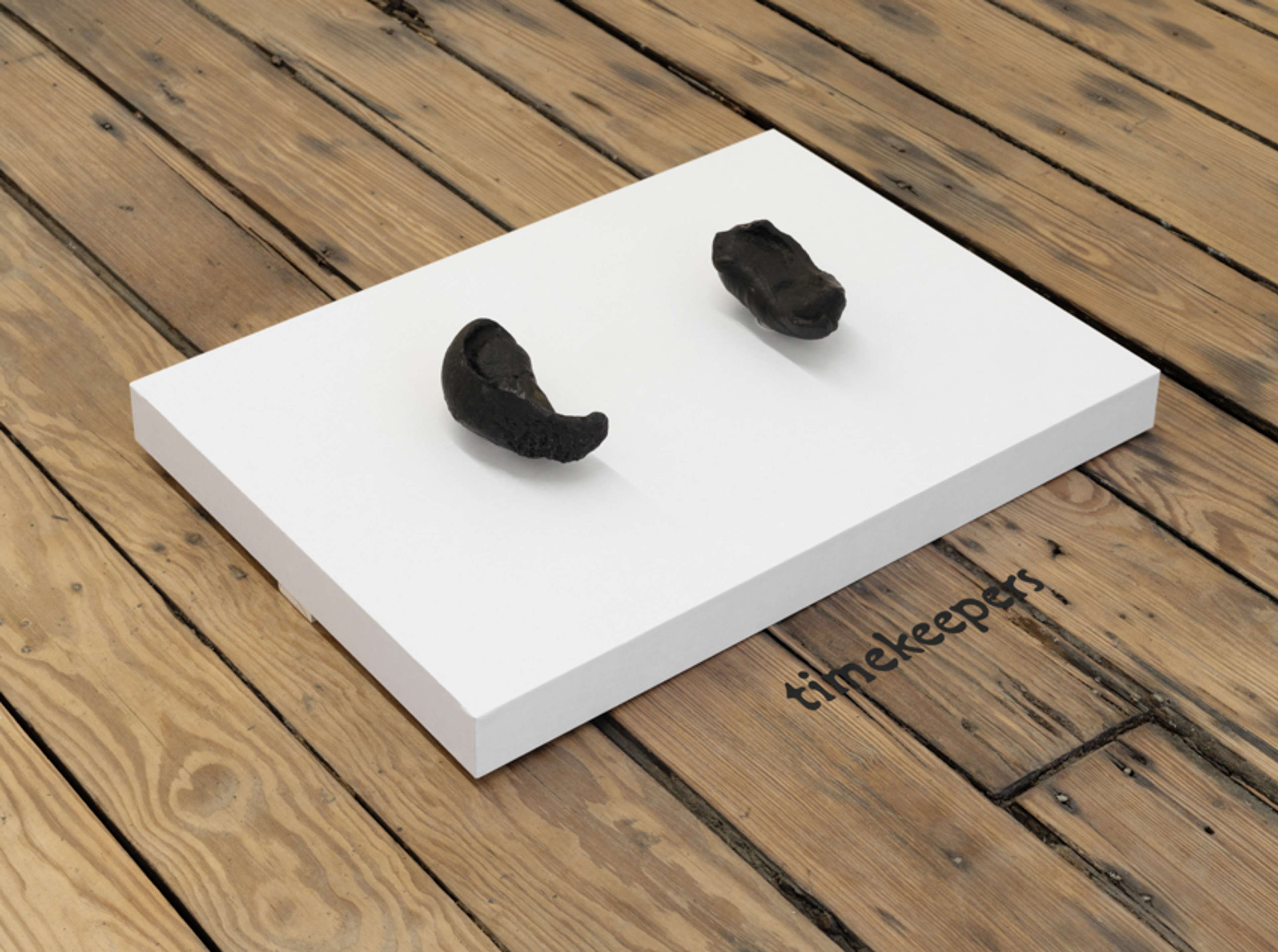 Jesse Stecklow, From Ear to Ear (installation view) (2024). Fossilized whale’s inner ear bones, bone conduction headset, paper, MDF, and sound, 13 x 18 x 3.25 inches. Image courtesy of the artist and Dracula’s Revenge, New York and Sweetwater, Berlin. Photo: Jason Mandella.