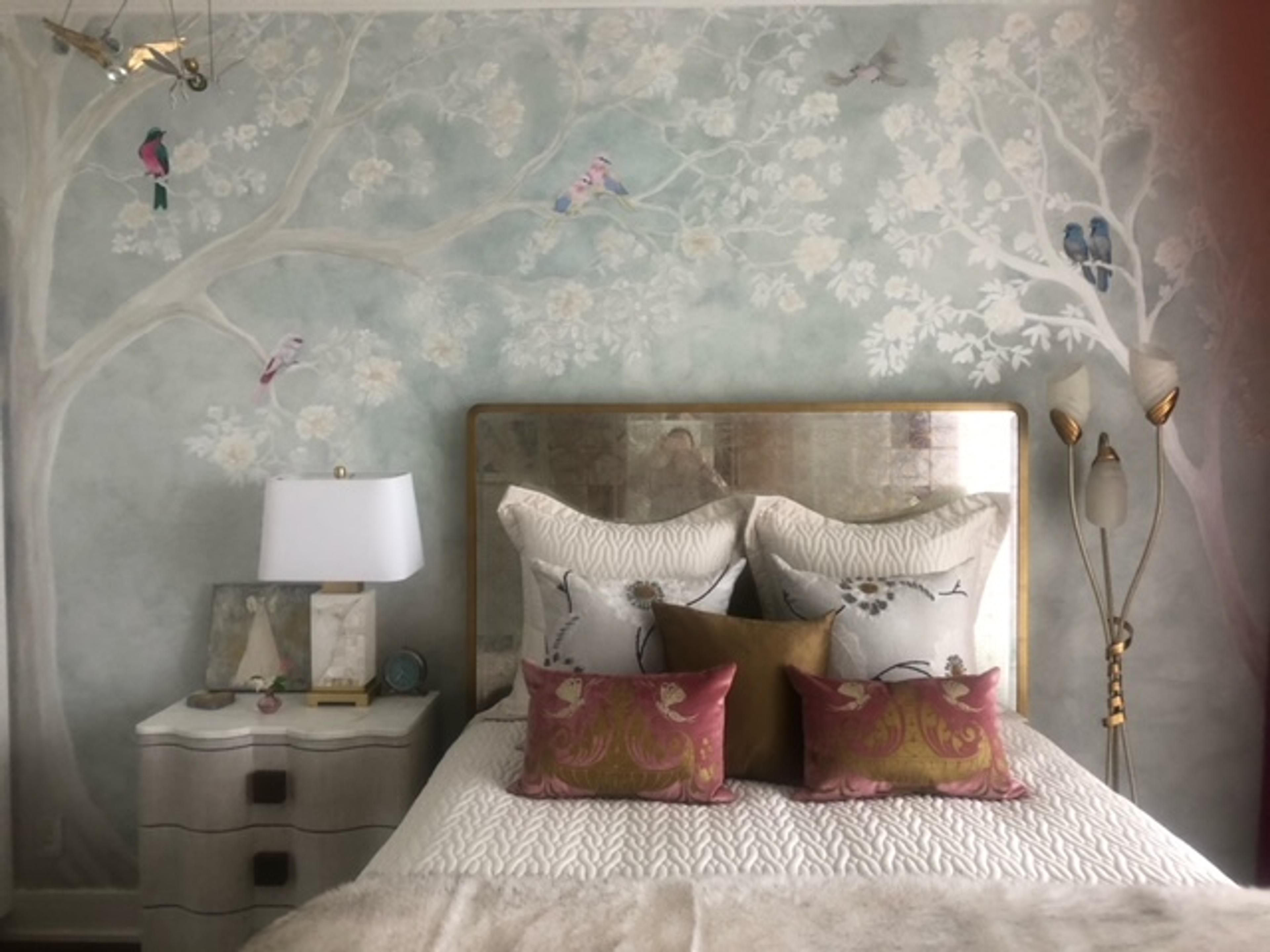 Hand-painted chinoiserie bedroom mural on celadon plaster ground with white blossom trees and colorful songbirds, Houston TX