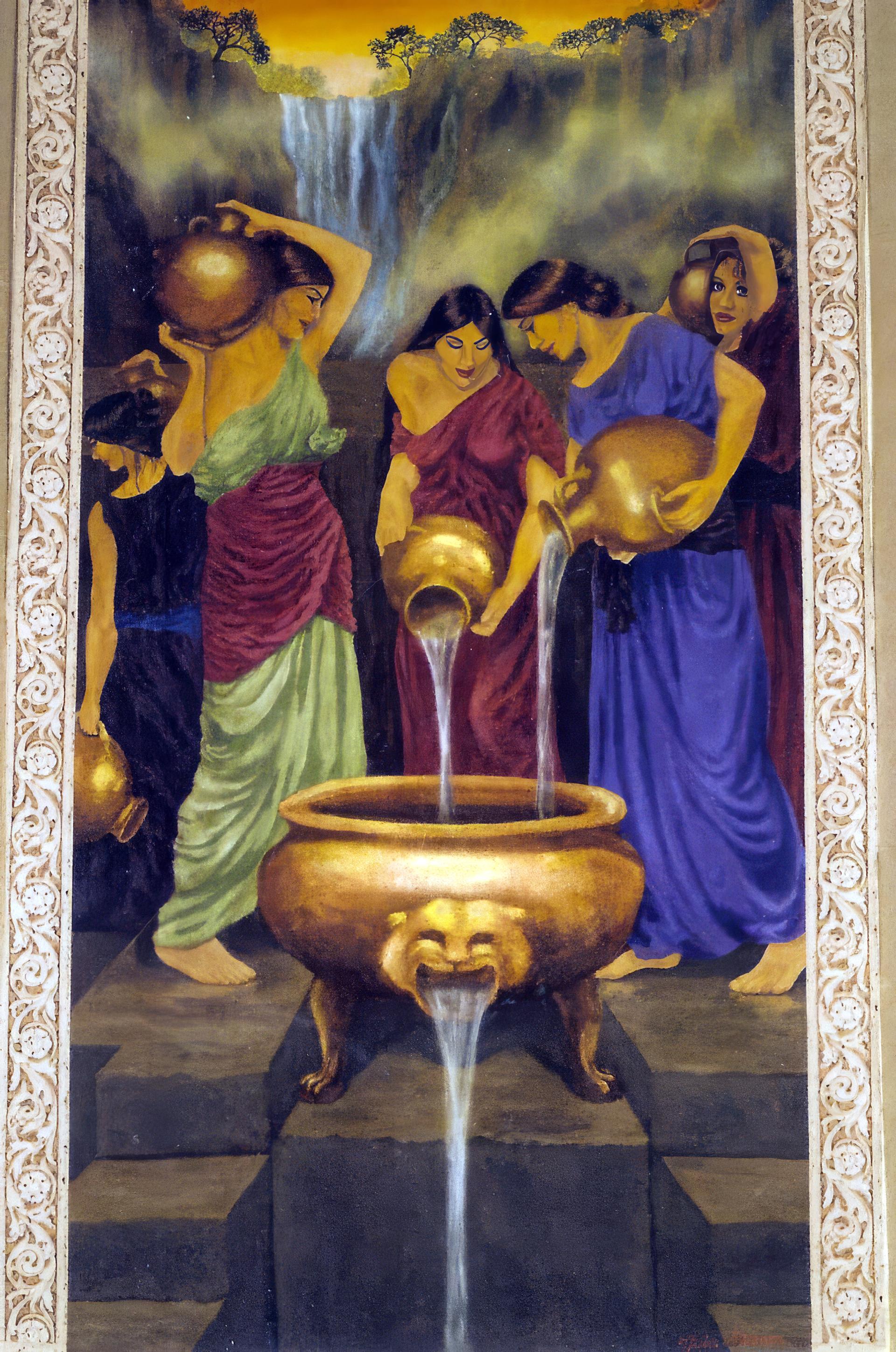 Classical figurative hand-painted wall mural with robed figures and gilded urns, warm earth tones, residential interior.