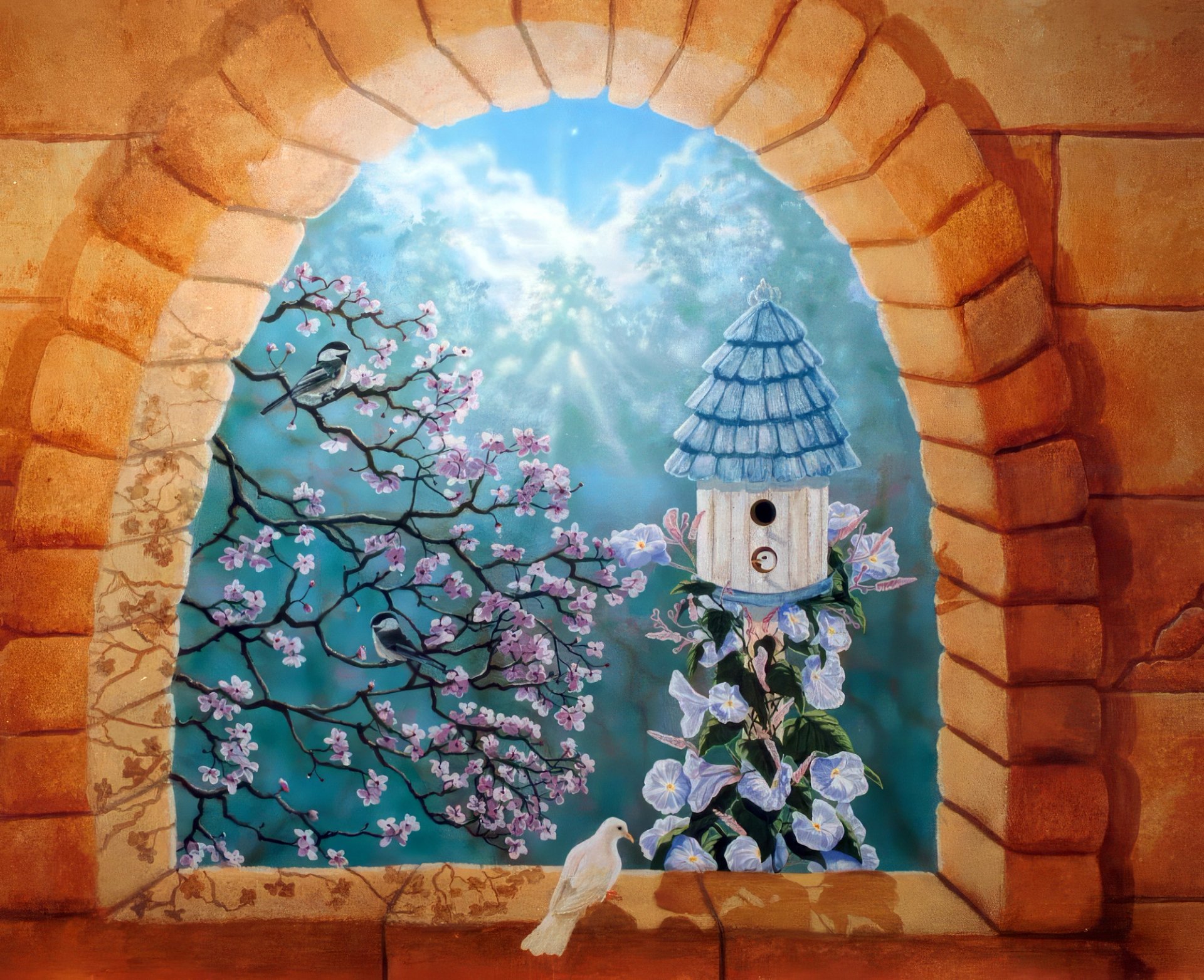 Trompe l'oeil hand-painted mural of stone arch with garden vista, cherry blossoms, birdhouse, and white dove
