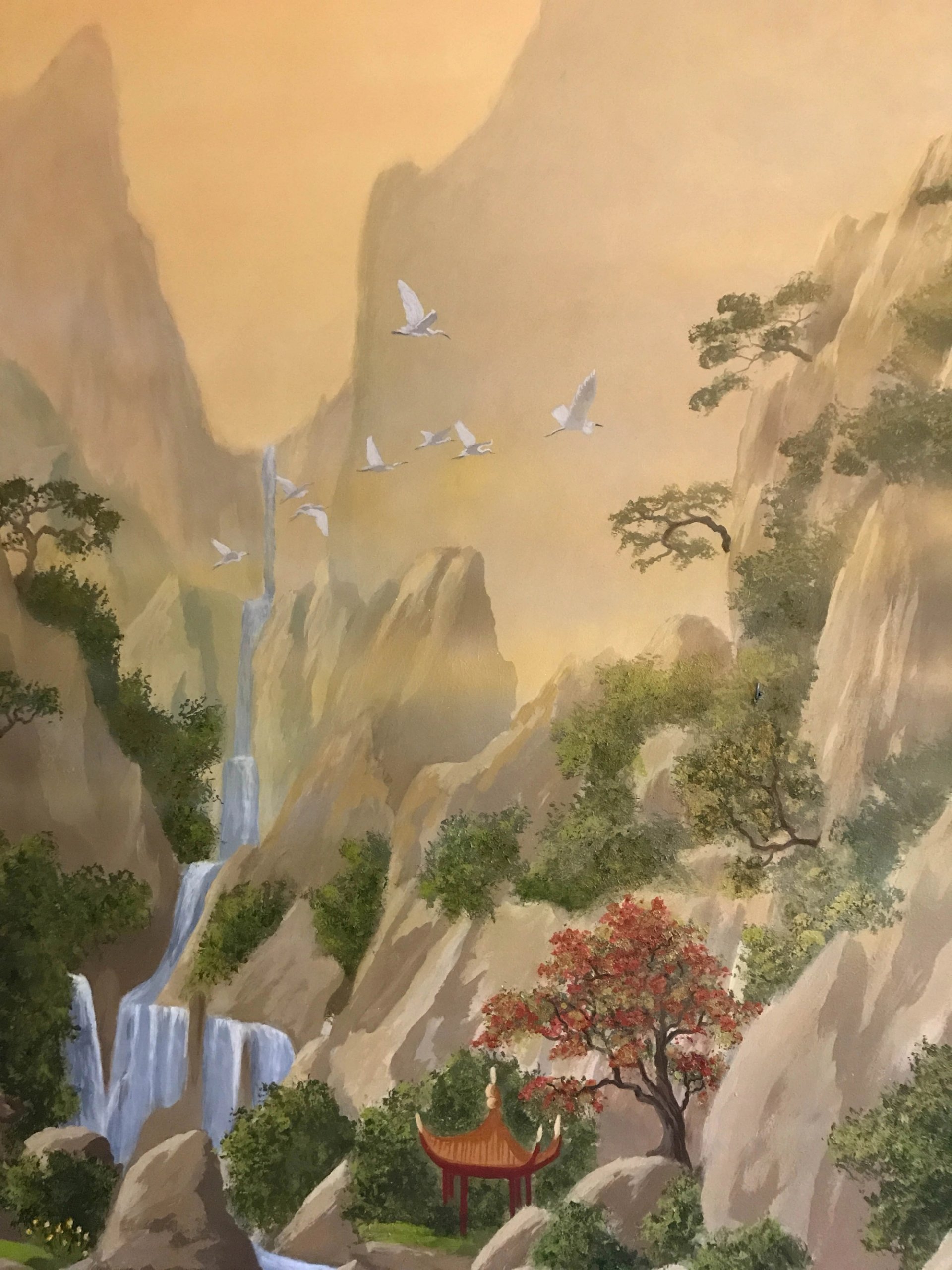 mountains, waterfalls and flying egrets