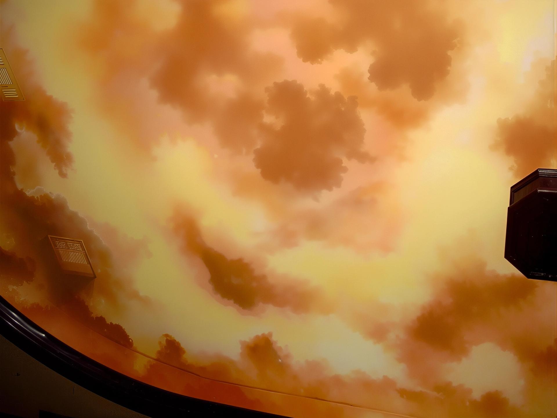 Hand-painted warm amber sunset cloud mural on curved domed ceiling in luxury foyer with dark wood crown molding
