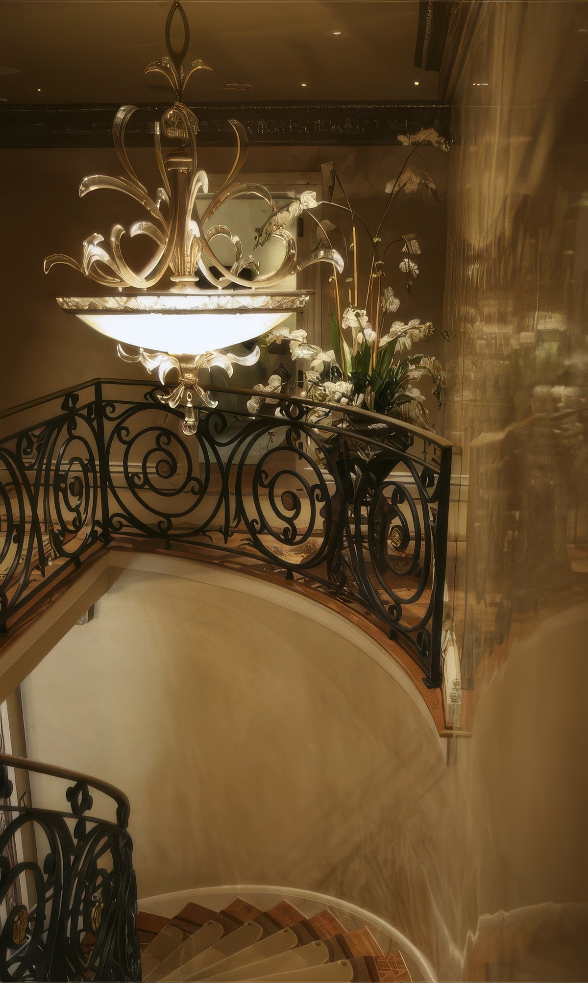 Venetian plaster curved staircase in warm travertine tones with ornate wrought iron balustrade and crystal chandelier