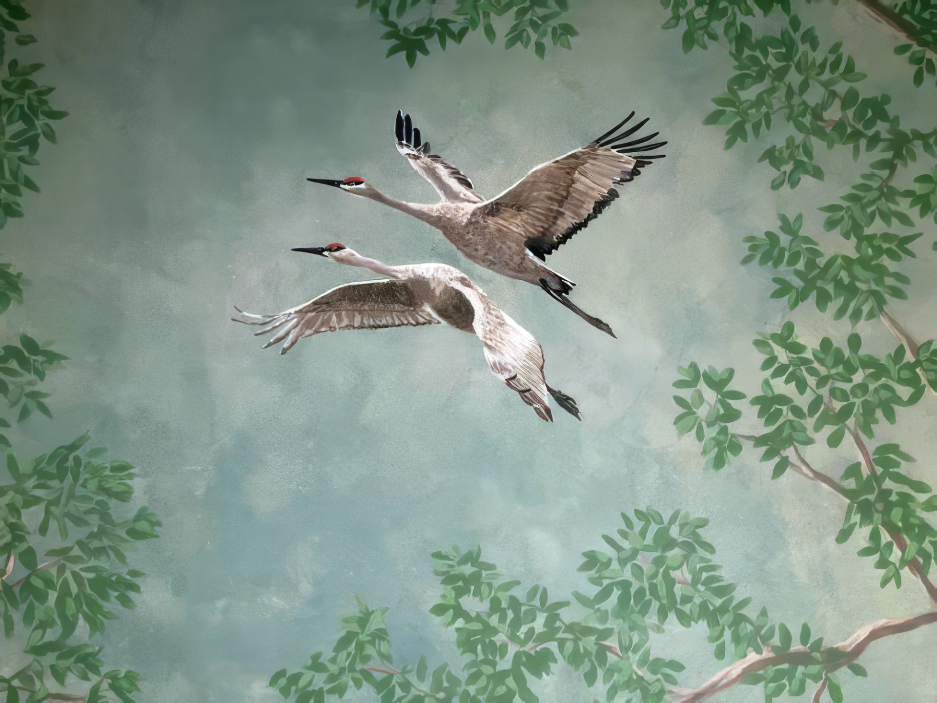 Hand-painted sandhill crane wall mural with botanical framing, soft blue sky background, residential interior, naturalistic style.