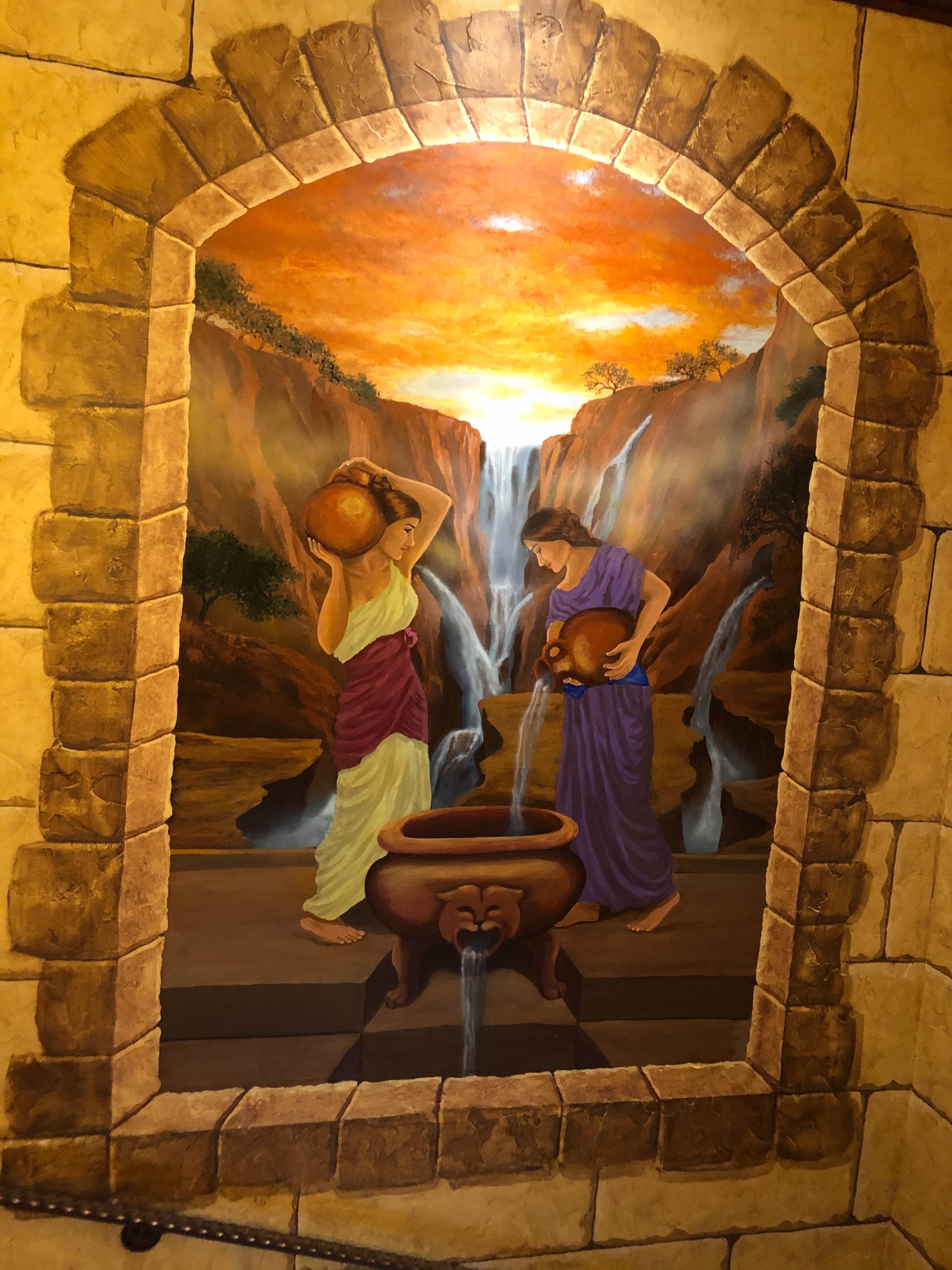 Trompe l'oeil stone arch · classical waterfall scene