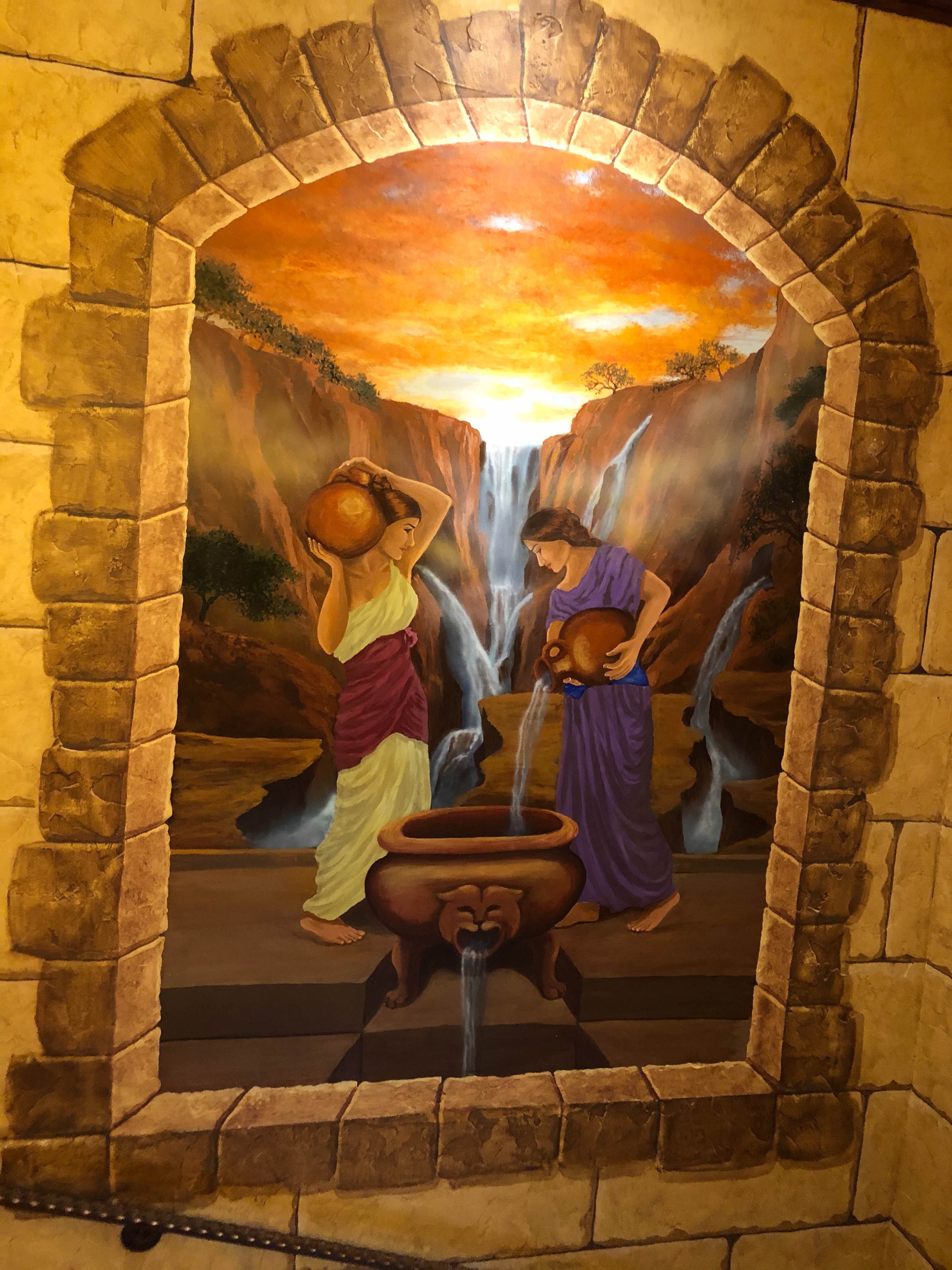 Trompe l'oeil stone arch · classical waterfall scene