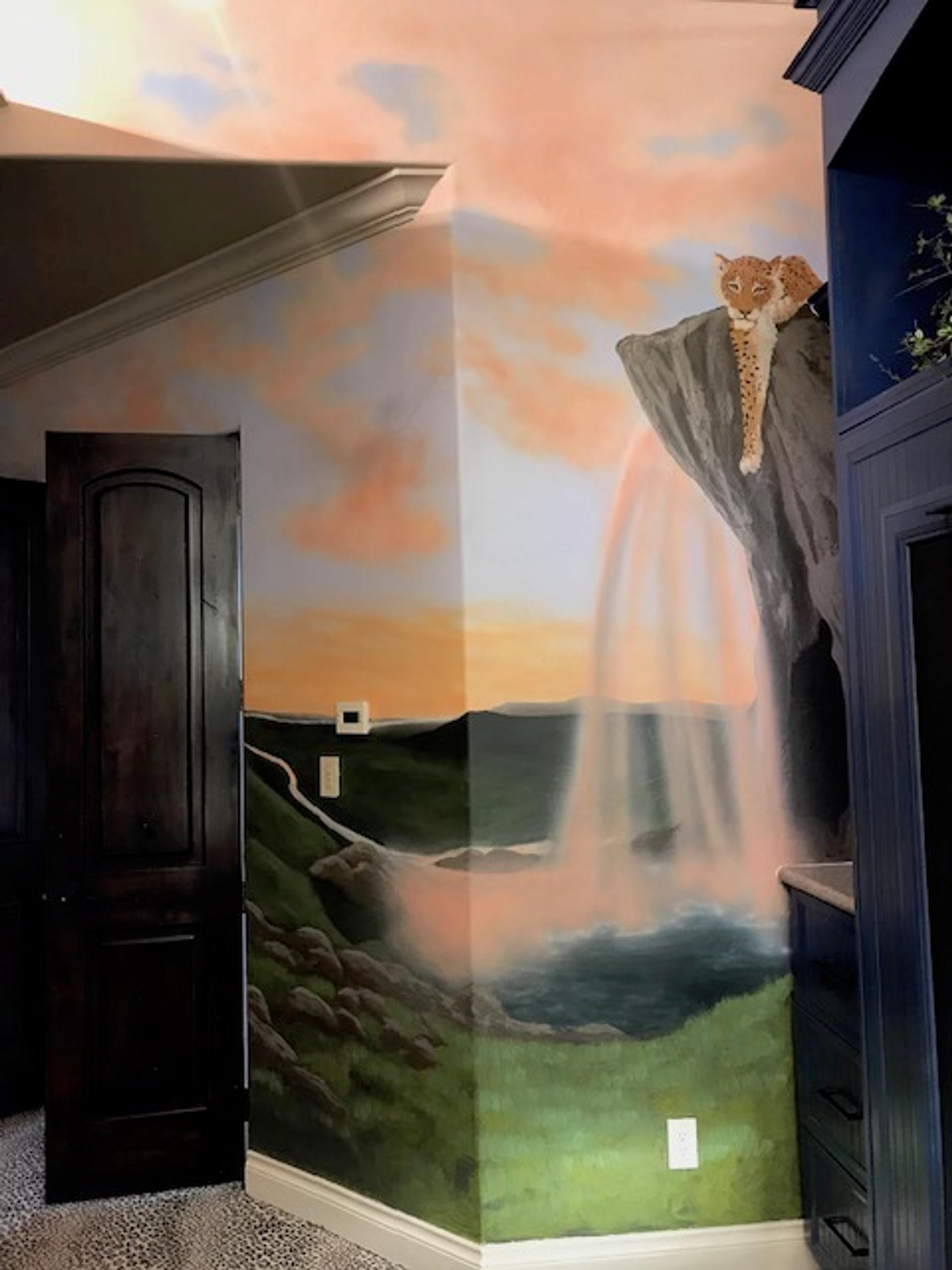 Hand-painted children's bedroom mural with waterfall landscape and realistic leopard on rocky cliff at sunset