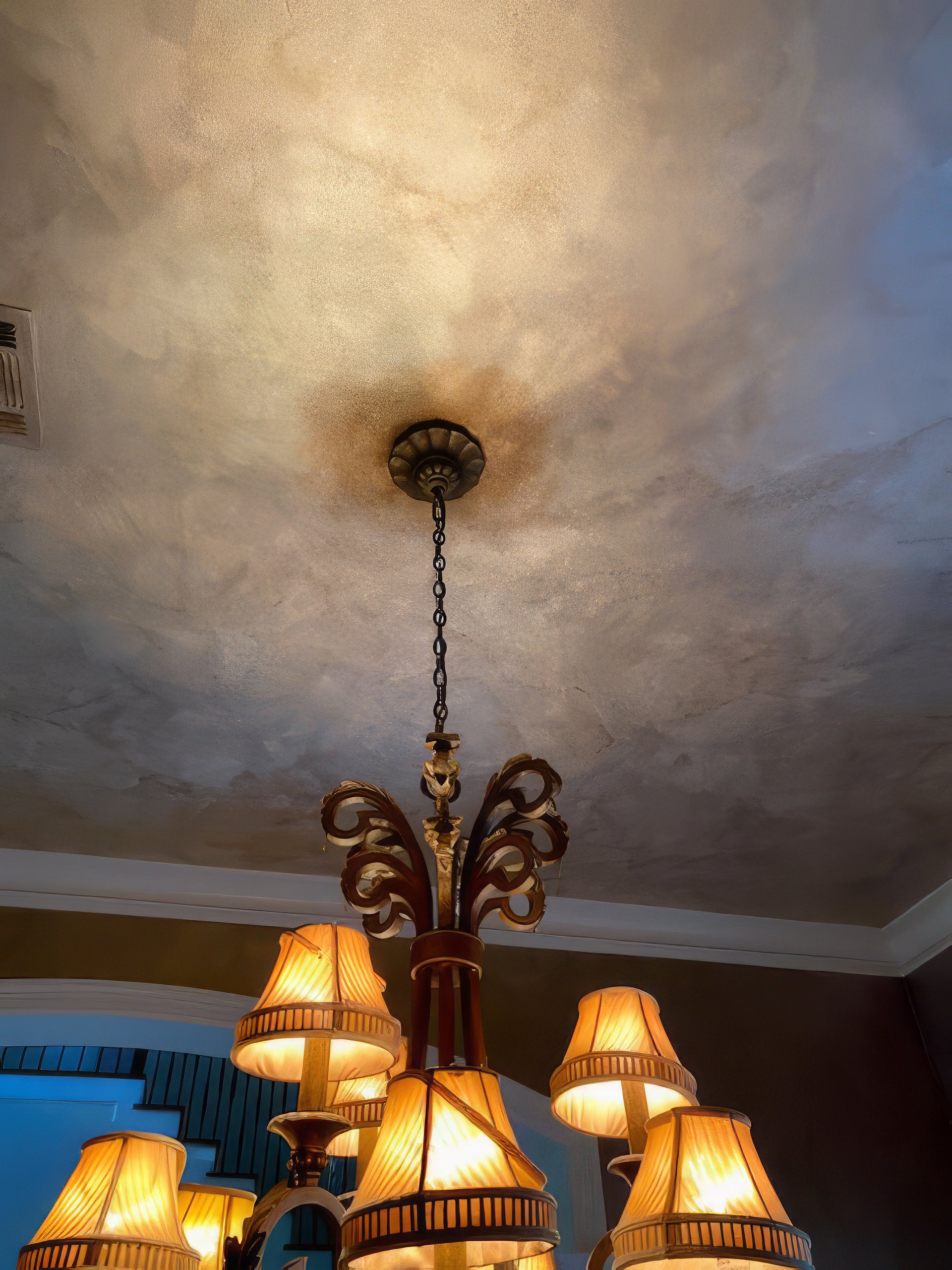 Venetian plaster ceiling with metallic pearl finish and cloud effect in dining room, lit by ornate chandelier, Houston TX
