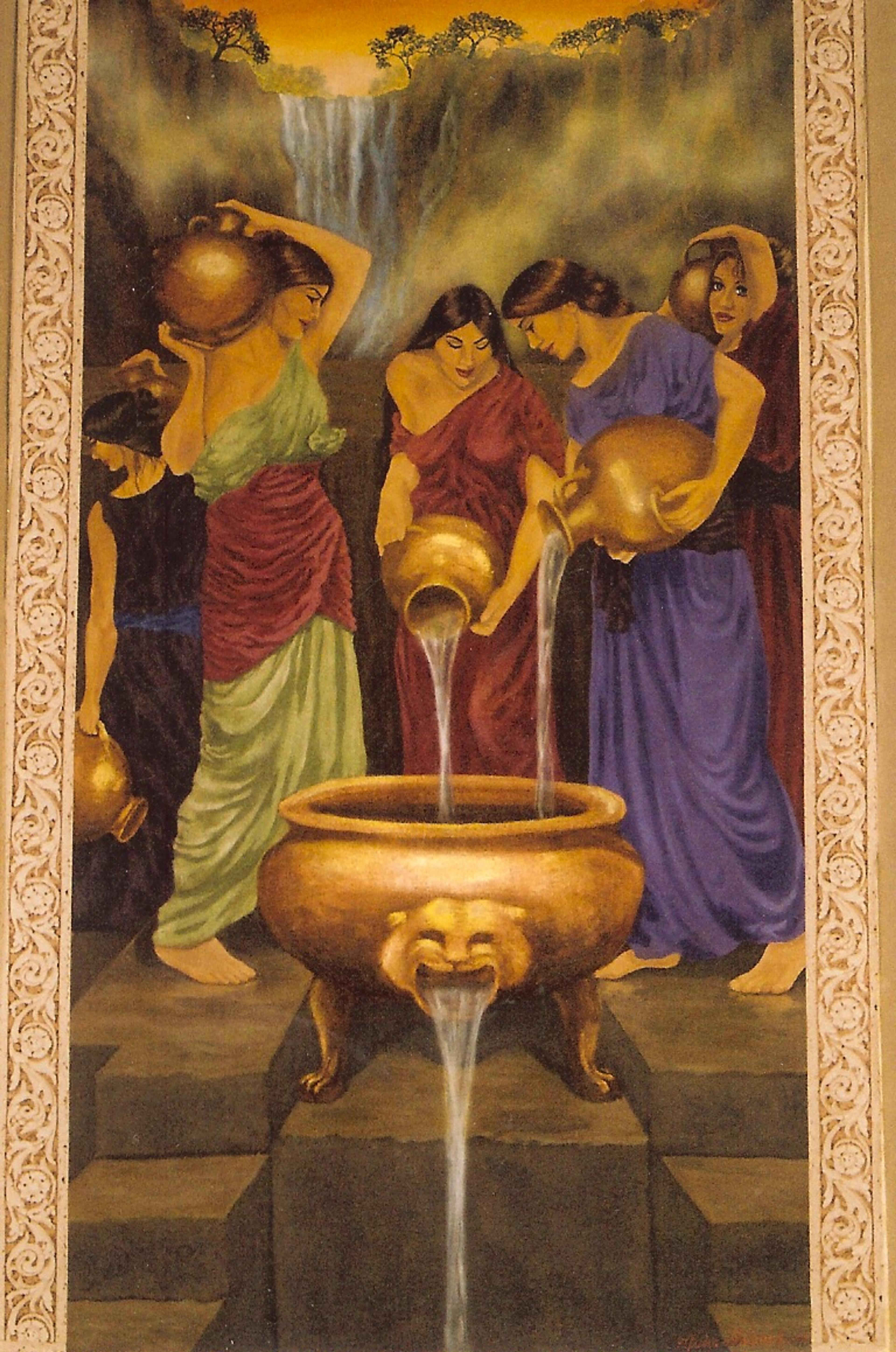 Classical figurative hand-painted wall mural with robed figures and gilded urns, warm earth tones, residential interior.