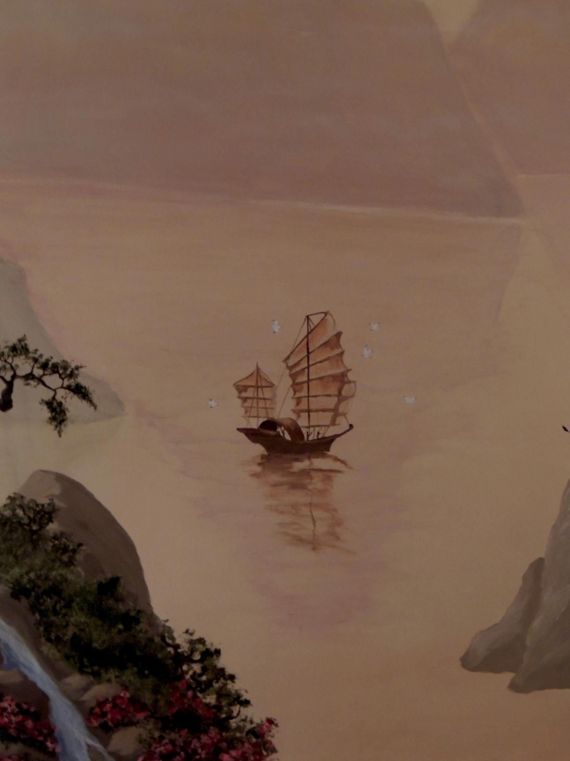 Asian Sailboat on Mountain Lake in Golden Hour of Setting Sun. - null by Misha Creations Houston