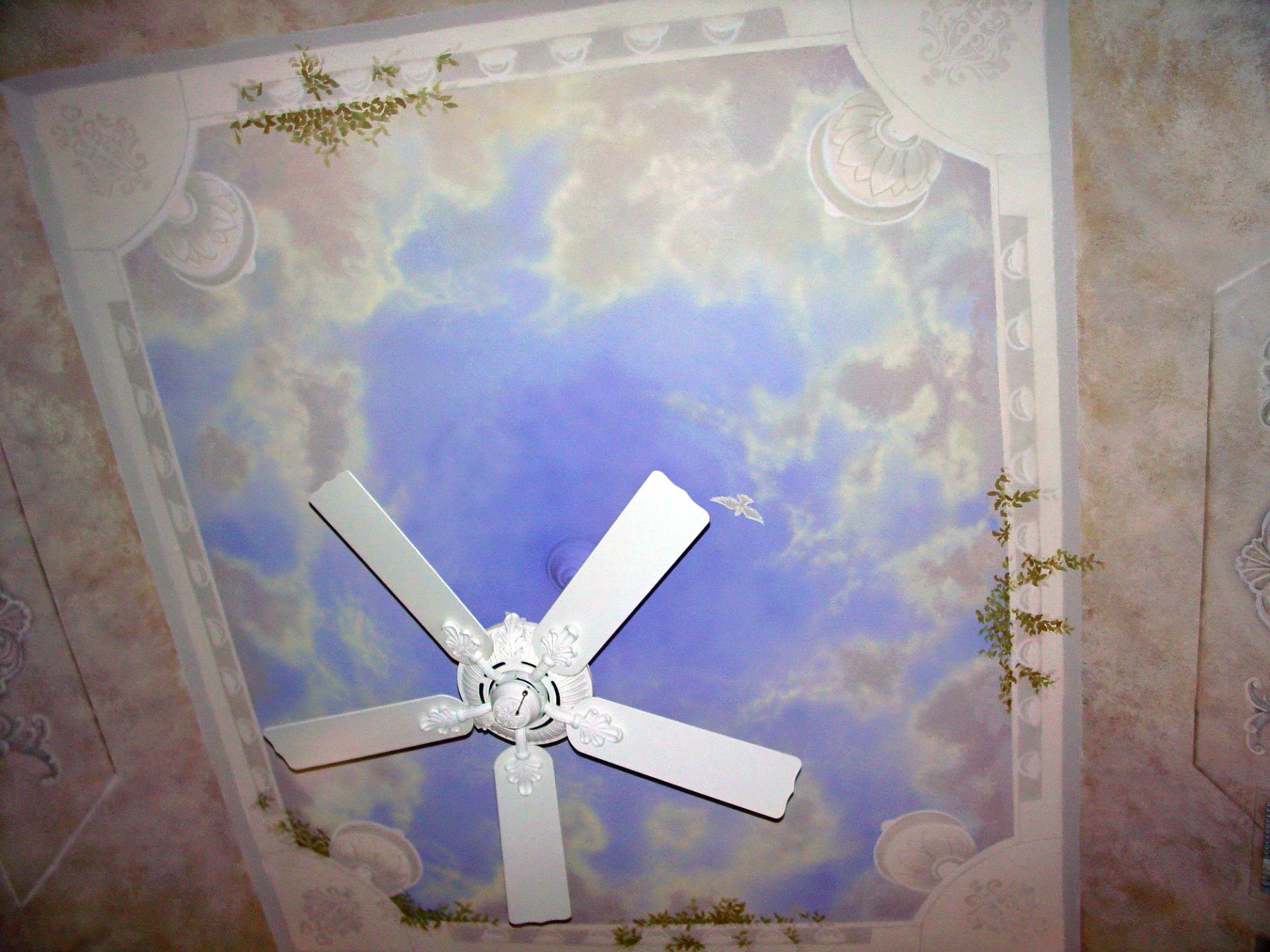 Trompe l'oeil sky ceiling mural with painted coffered border, corbels, and vine details in residential bedroom