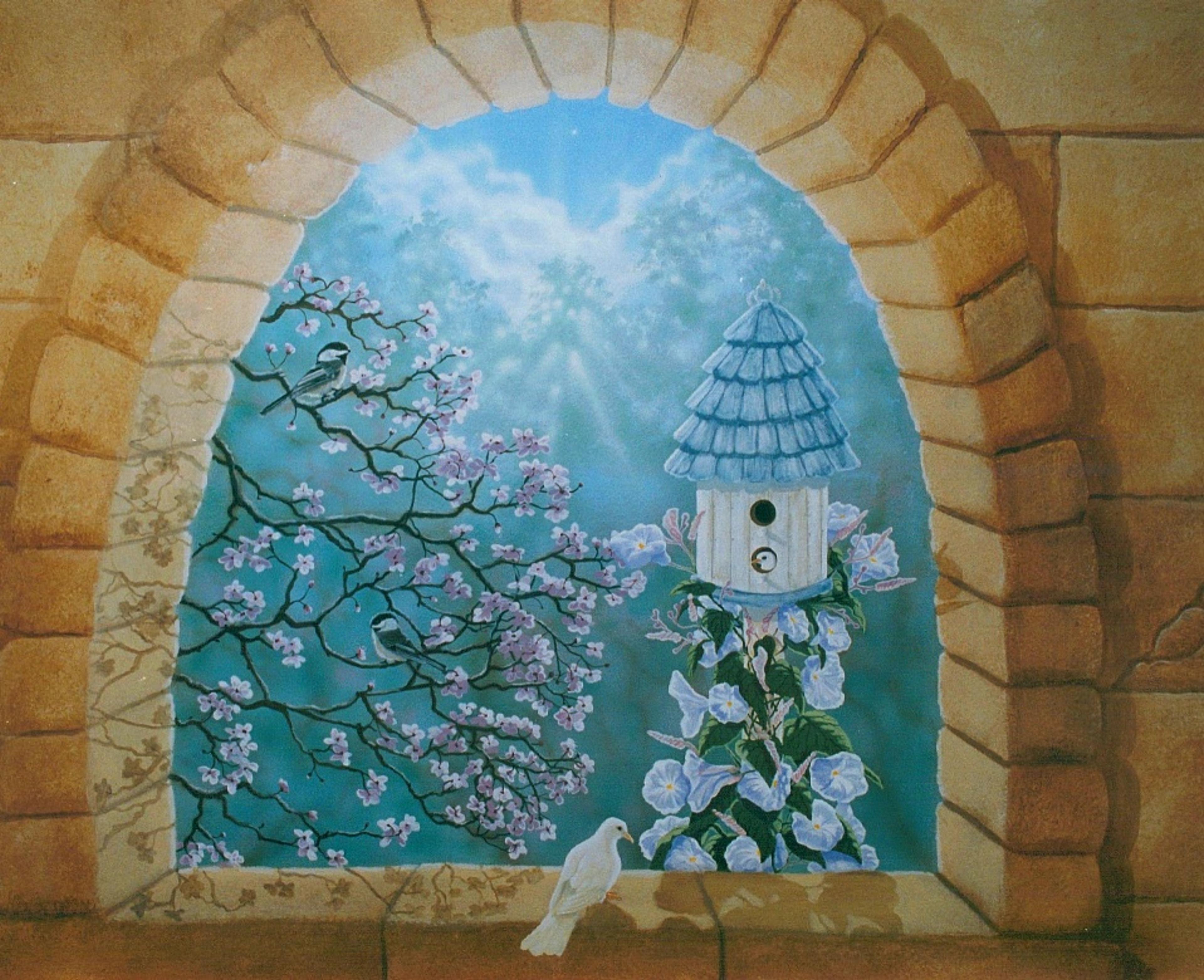 Trompe l'oeil hand-painted mural of stone arch with garden vista, cherry blossoms, birdhouse, and white dove