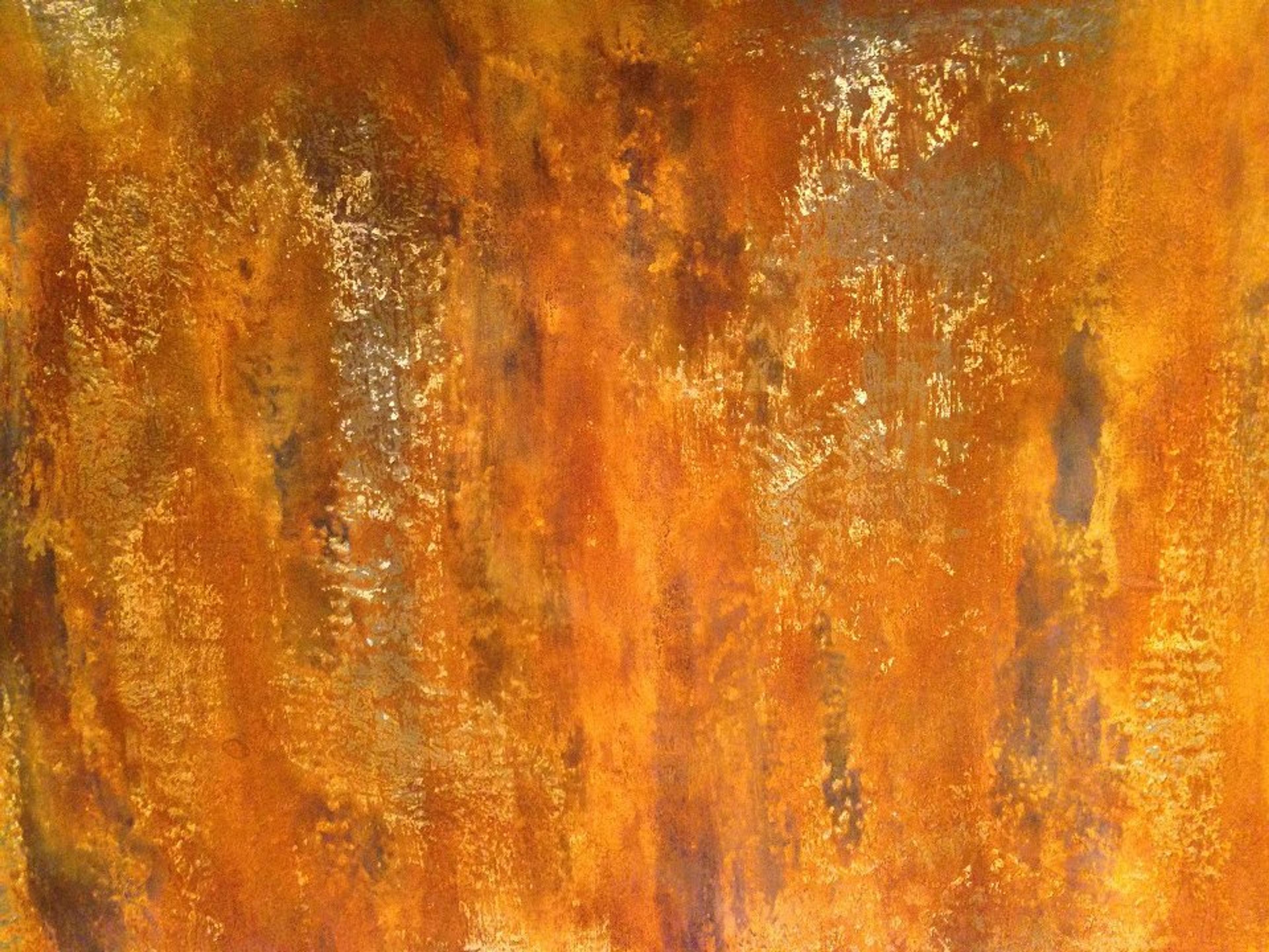 Oxidized corten steel faux finish wall with layered rust, amber, and charcoal patina — residential decorative arts