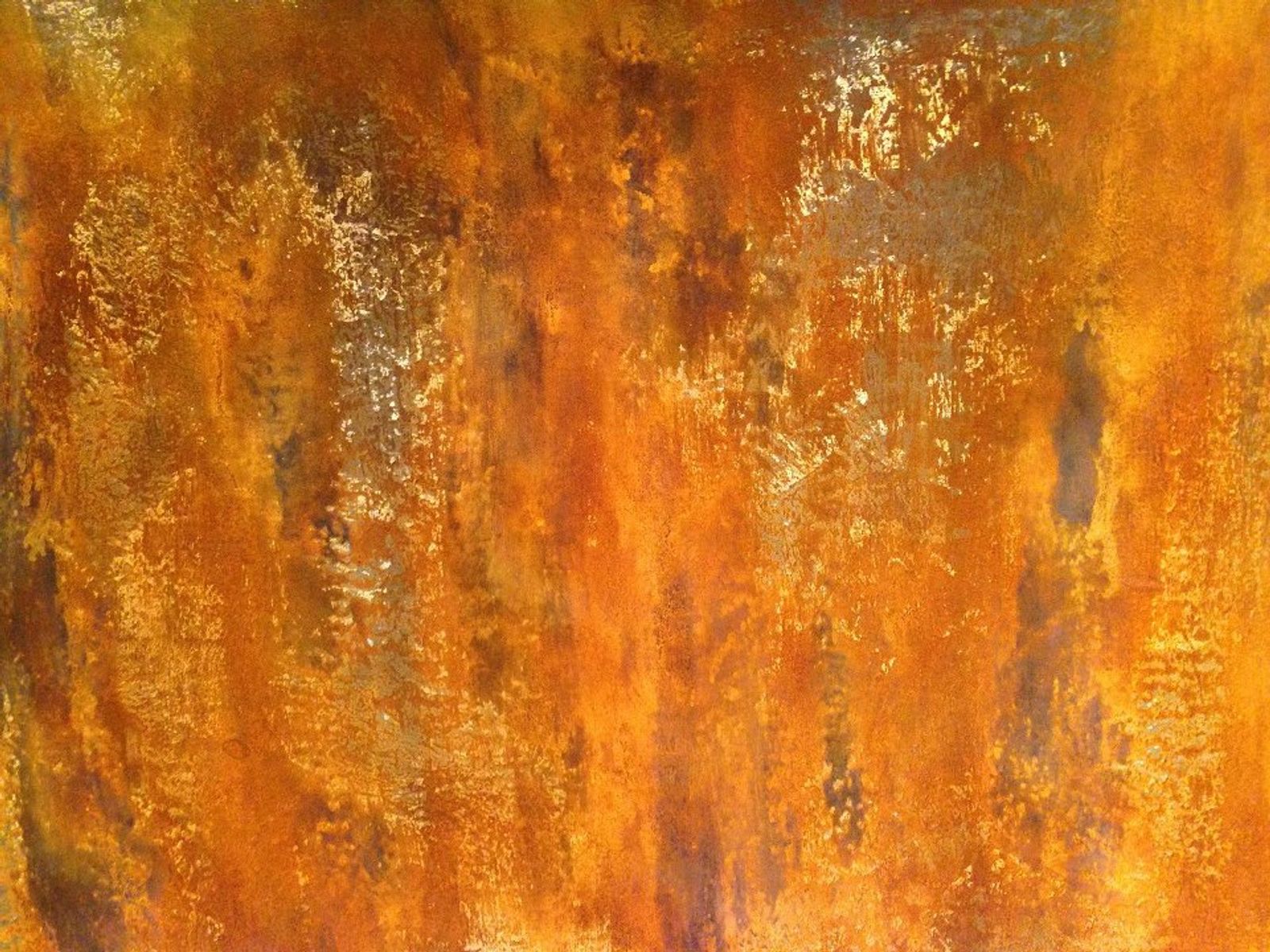 Oxidized corten steel faux finish wall with layered rust, amber, and charcoal patina — residential decorative arts