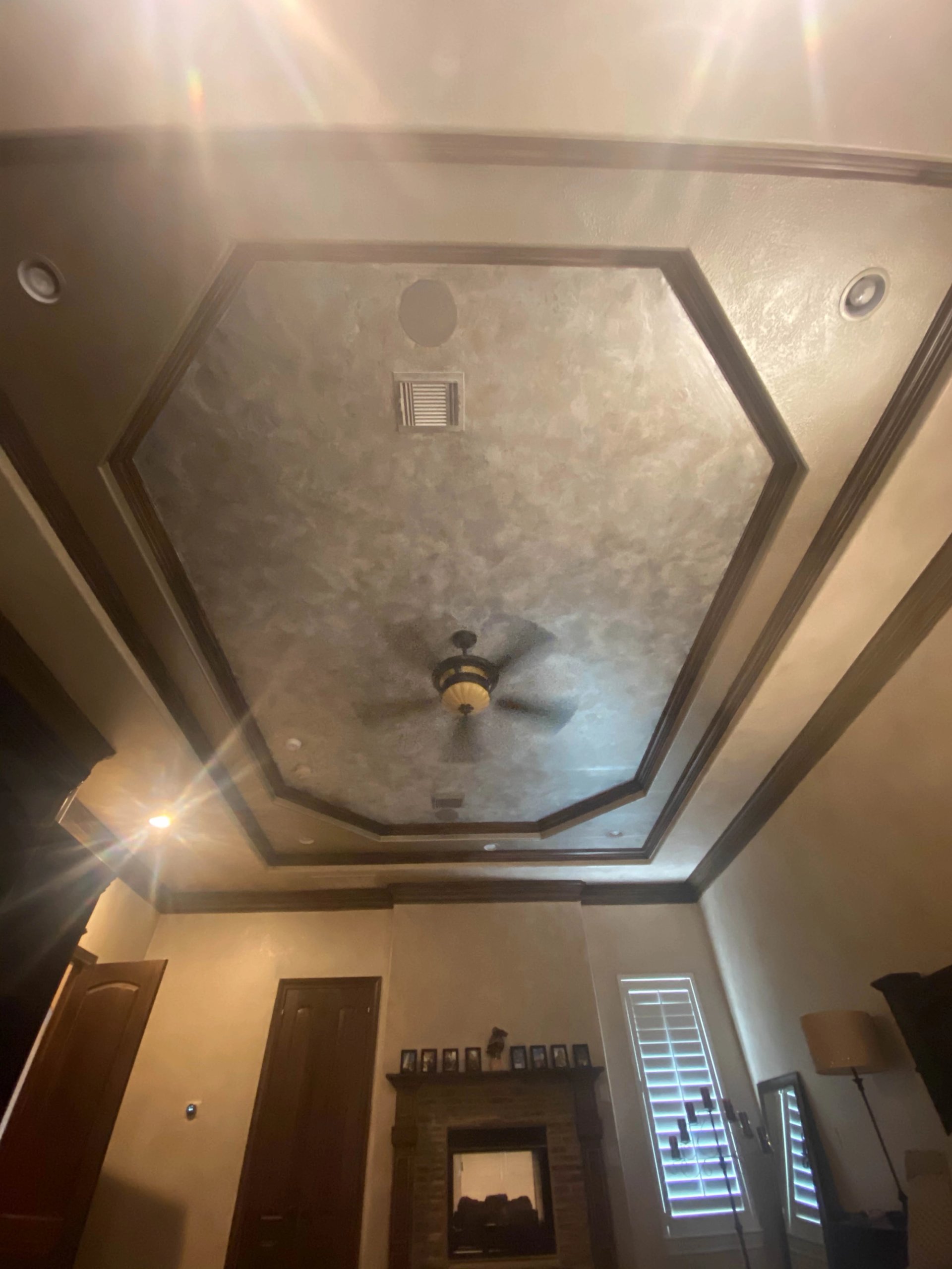 Mottled silver-gray Venetian plaster on octagonal tray ceiling with dark wood crown molding in primary bedroom