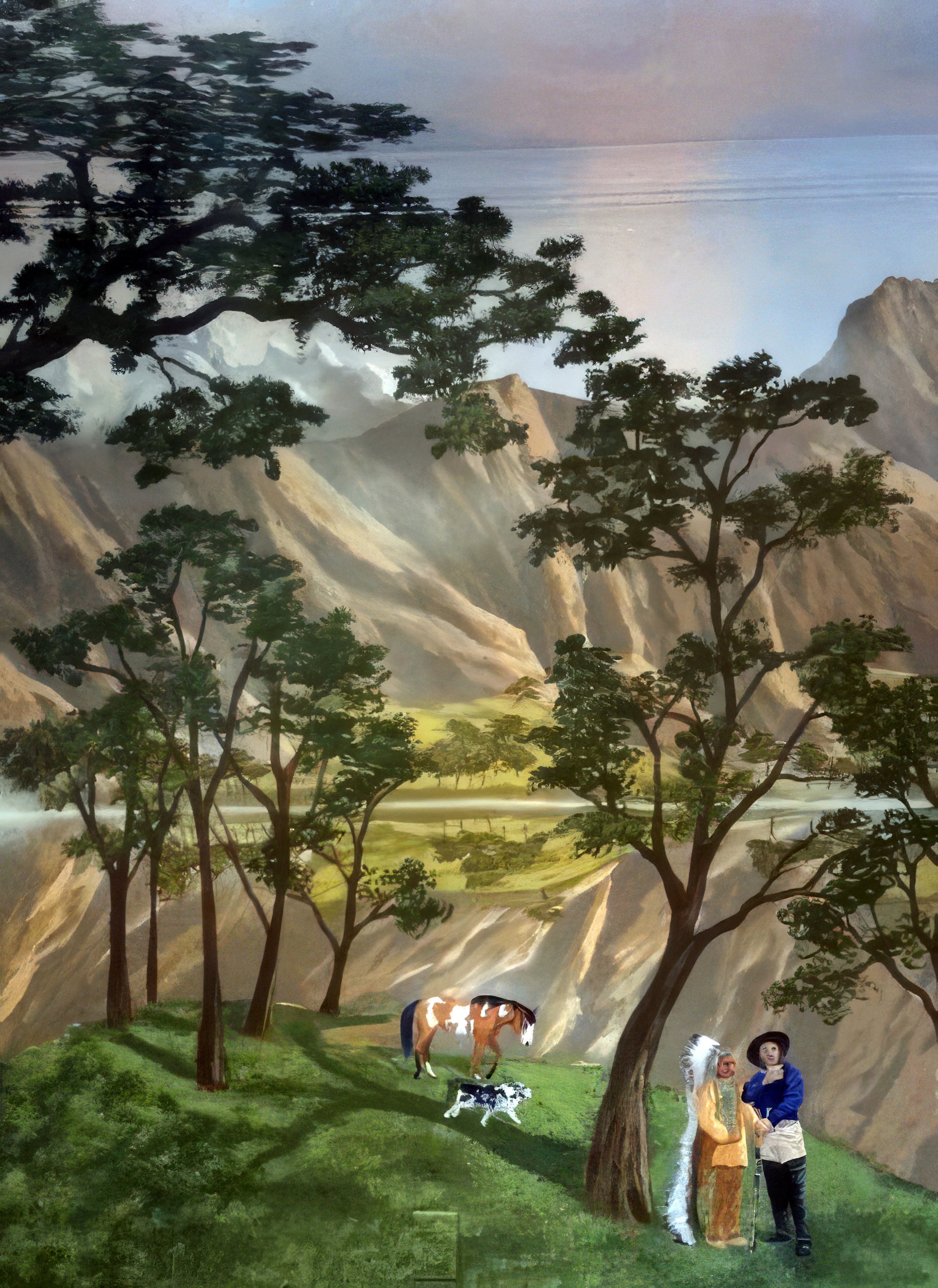 Hand-Painted Wilderness Landscape with Frontier Figures by Misha Creations