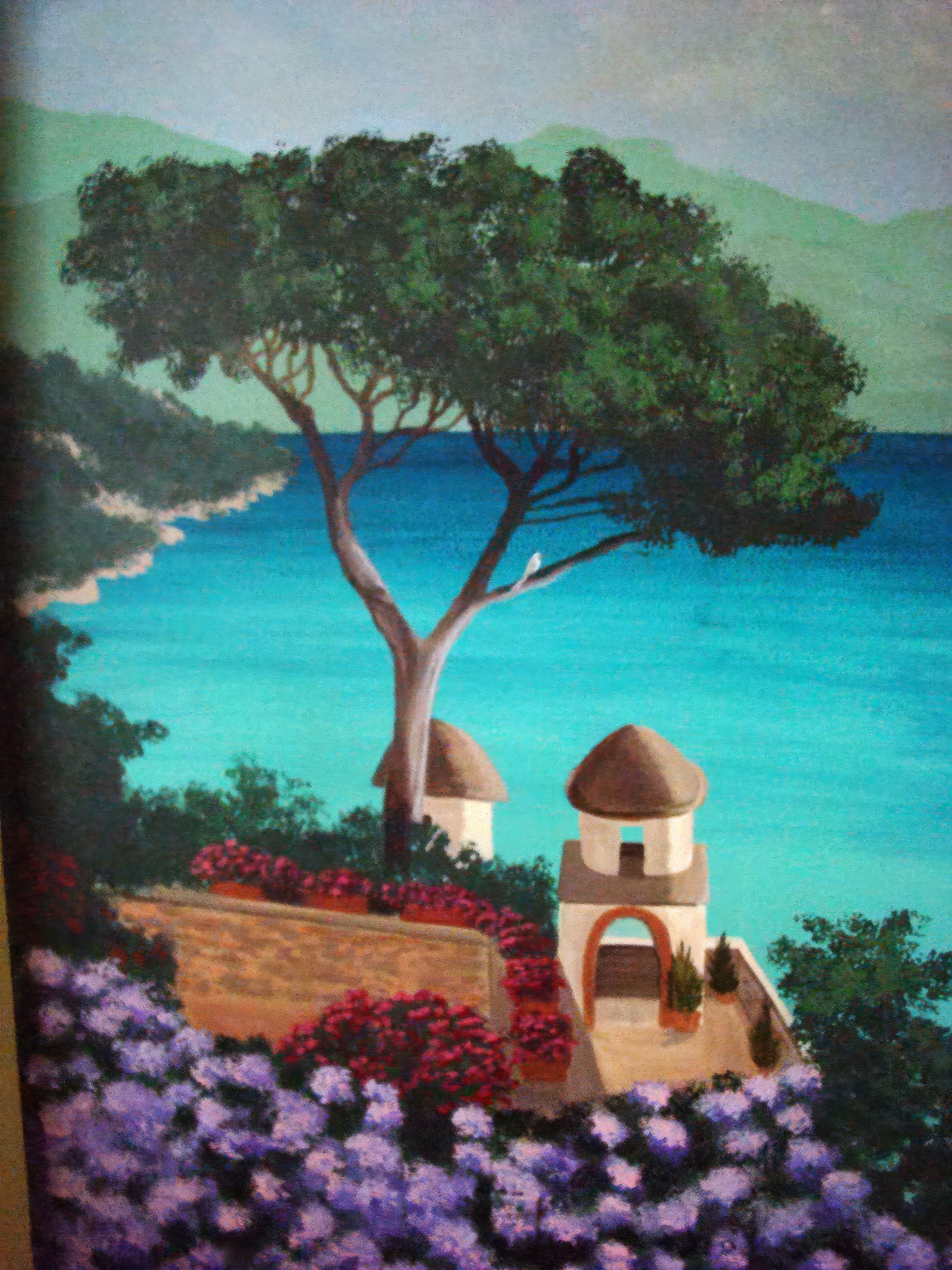 Hand-painted Mediterranean landscape wall mural with turquoise water, whitewashed architecture, bougainvillea, and lavender b