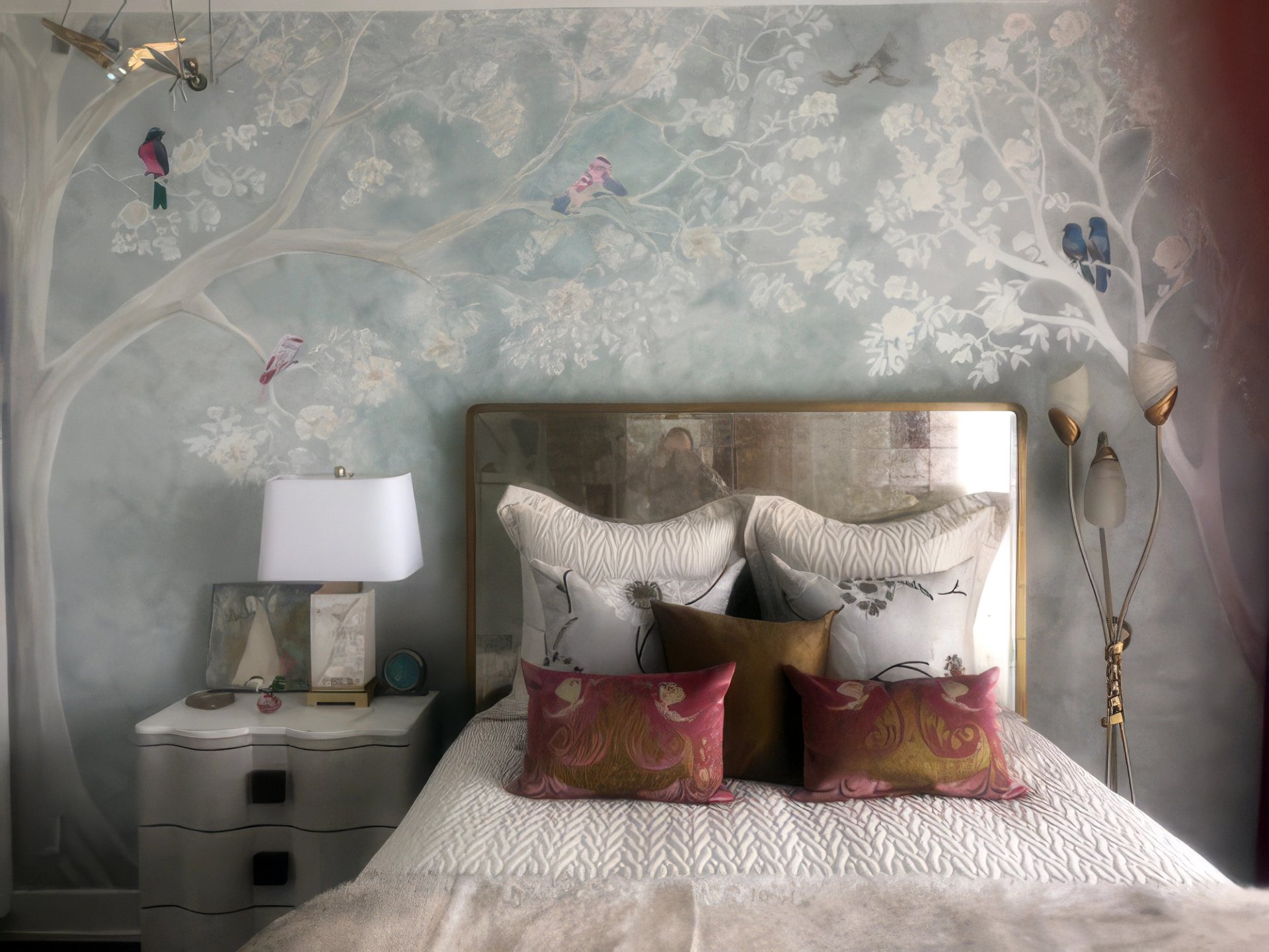 Hand-painted chinoiserie bedroom mural on celadon plaster ground with white blossom trees and colorful songbirds, Houston TX