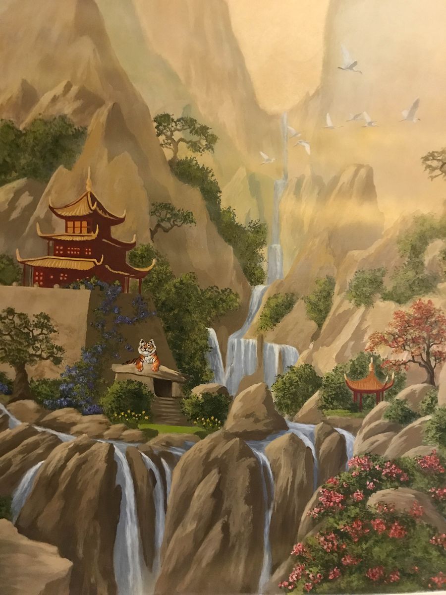 Hand-painted Chinese landscape wall mural with red pagoda, tiger on rocks, cascading waterfalls, and flying cranes.