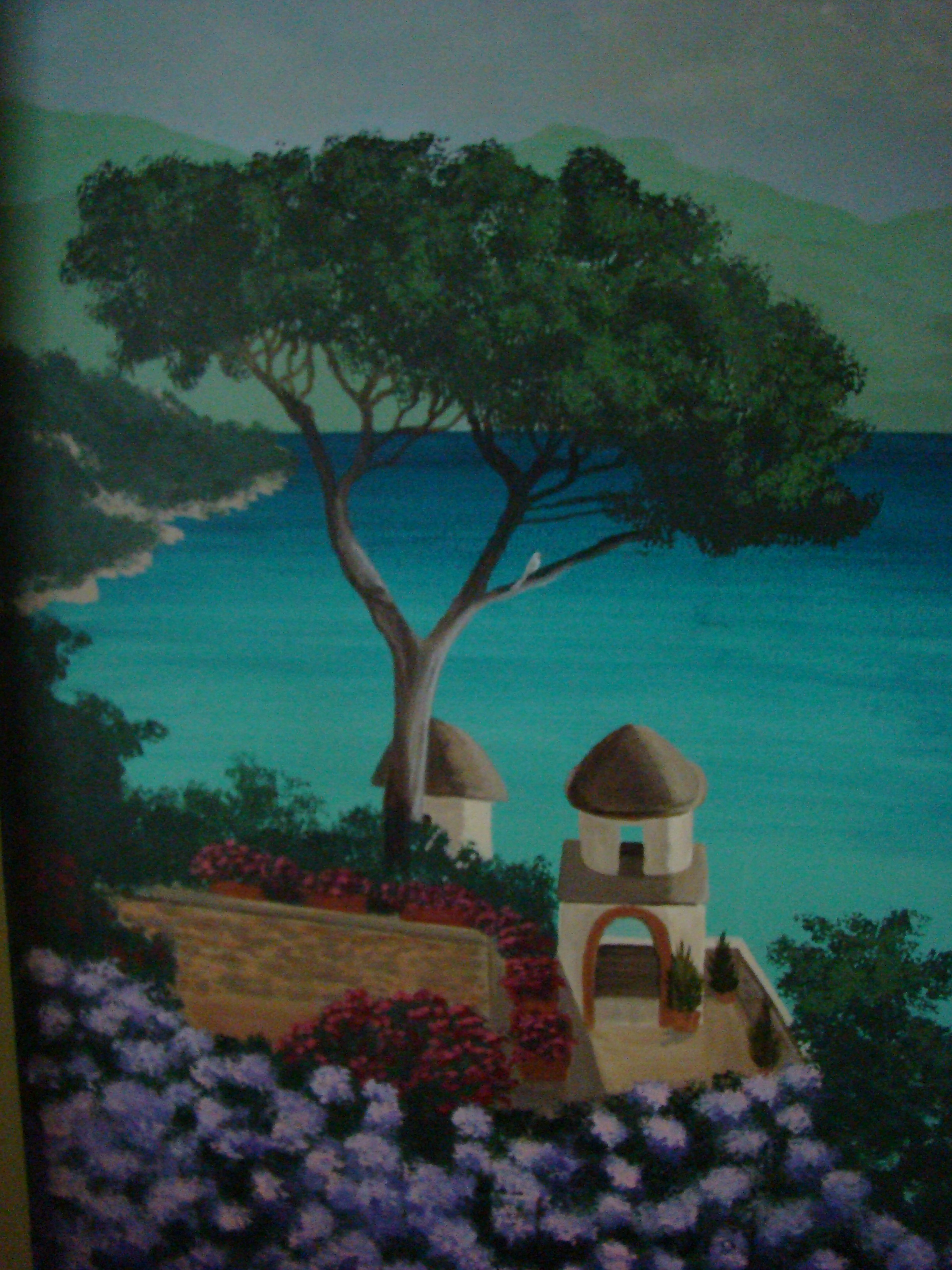 Hand-painted Mediterranean landscape wall mural with turquoise water, whitewashed architecture, bougainvillea, and lavender b