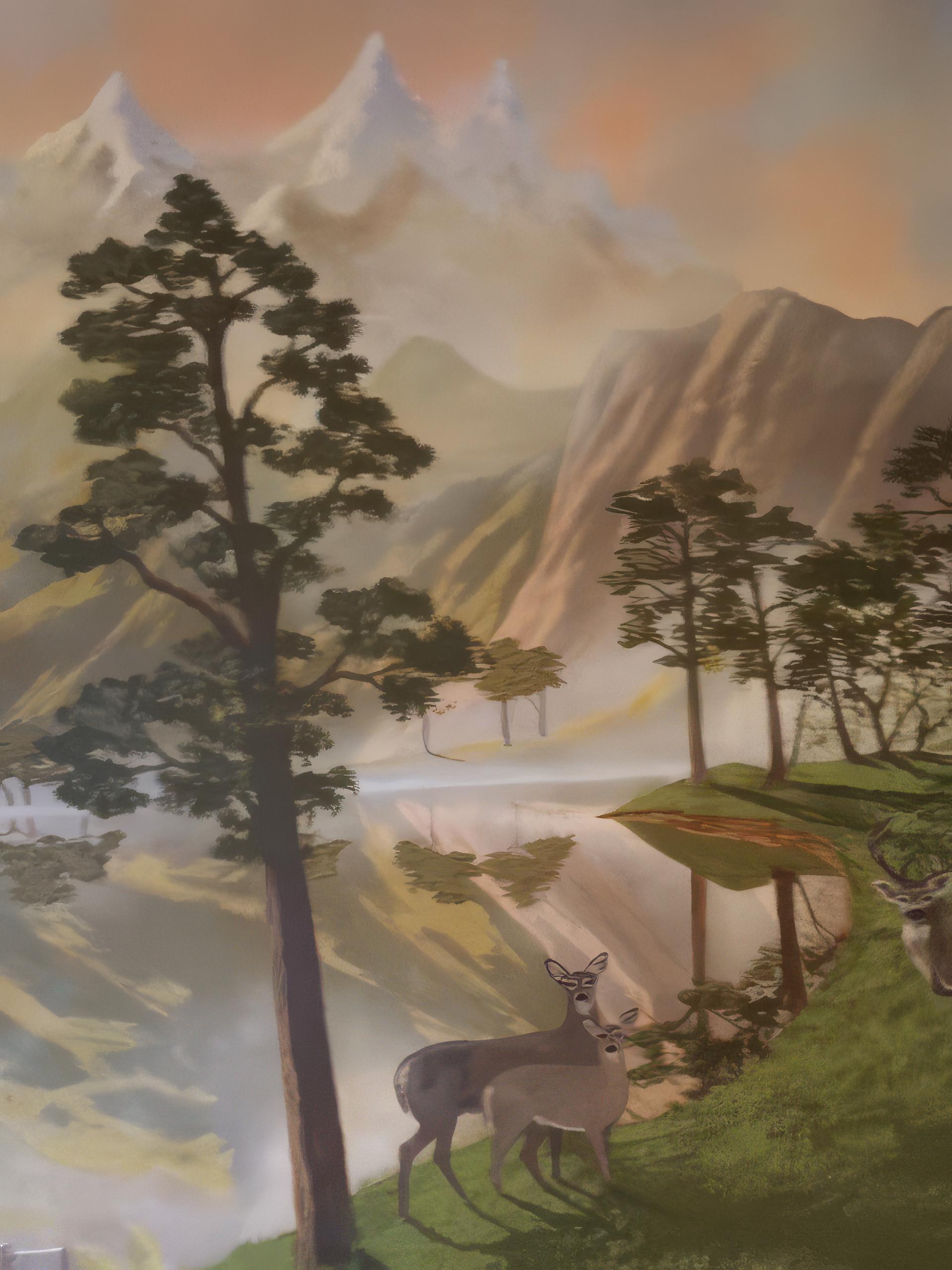 Deer and Early Morning Fog on Edge of Mountain Lake by Misha Creations Houston