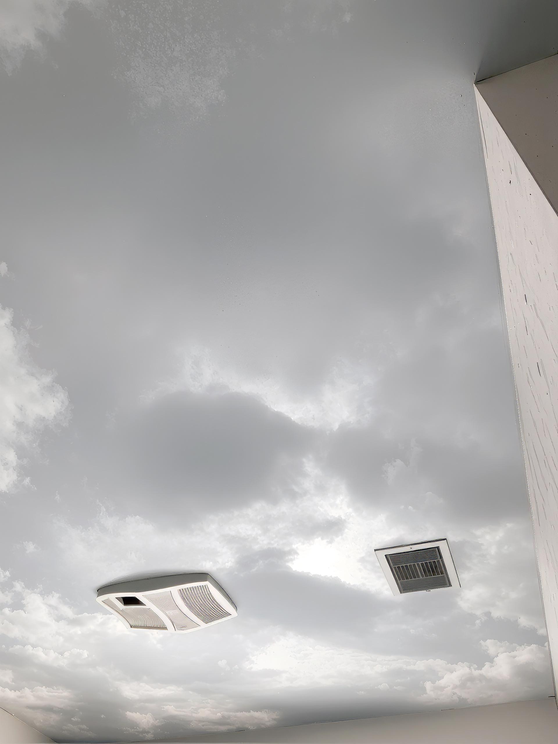 Airbrushed cumulus cloud ceiling mural in bathroom with gray-white sky illusion and integrated HVAC vents, Houston