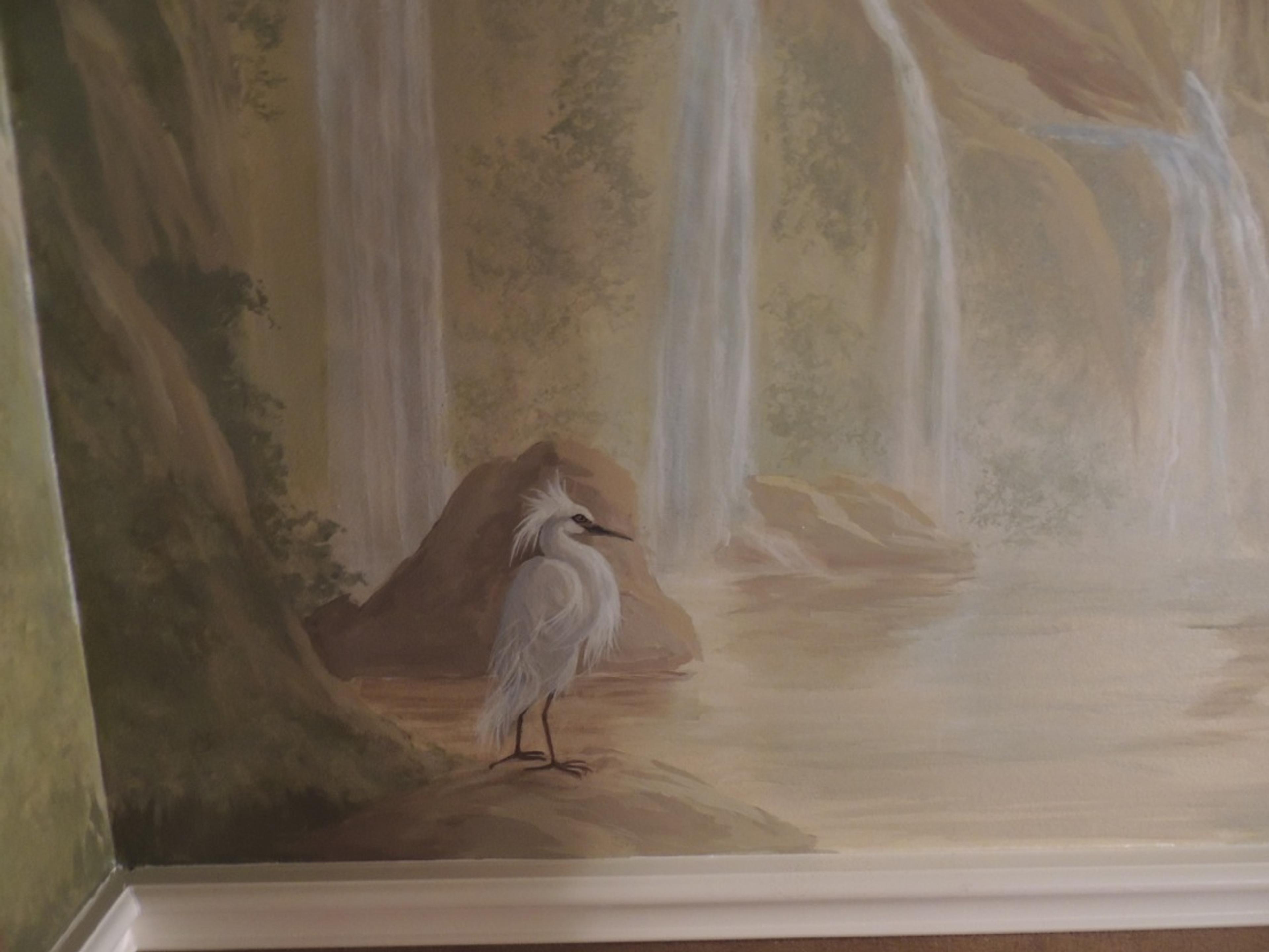 Asian-inspired hand-painted wall mural with waterfall landscape and white egret, residential interior, soft ethereal palette