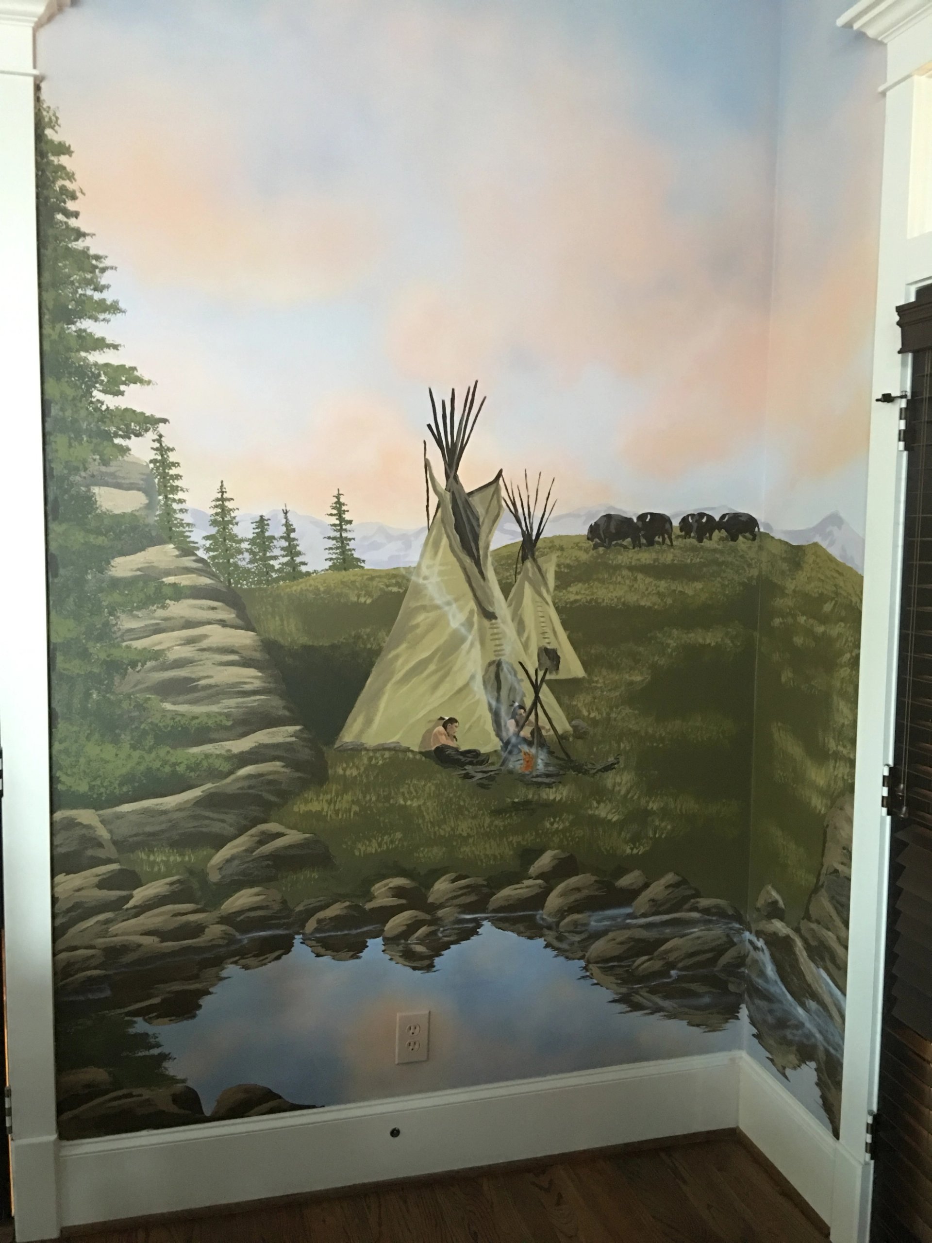 Early America Themescape , Indians relaxing infront of fire, buffalo nearby